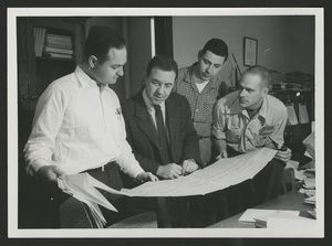 Data Review: James Van Allen (2nd left) reviews Explorer 1 telemetry data with part of his team at the University of Iowa. Data from Explorer 1 continued to be downlinked until its batteries were depleted May 23, 1958. Explorer 1 remained in orbit until March 31, 1970.
