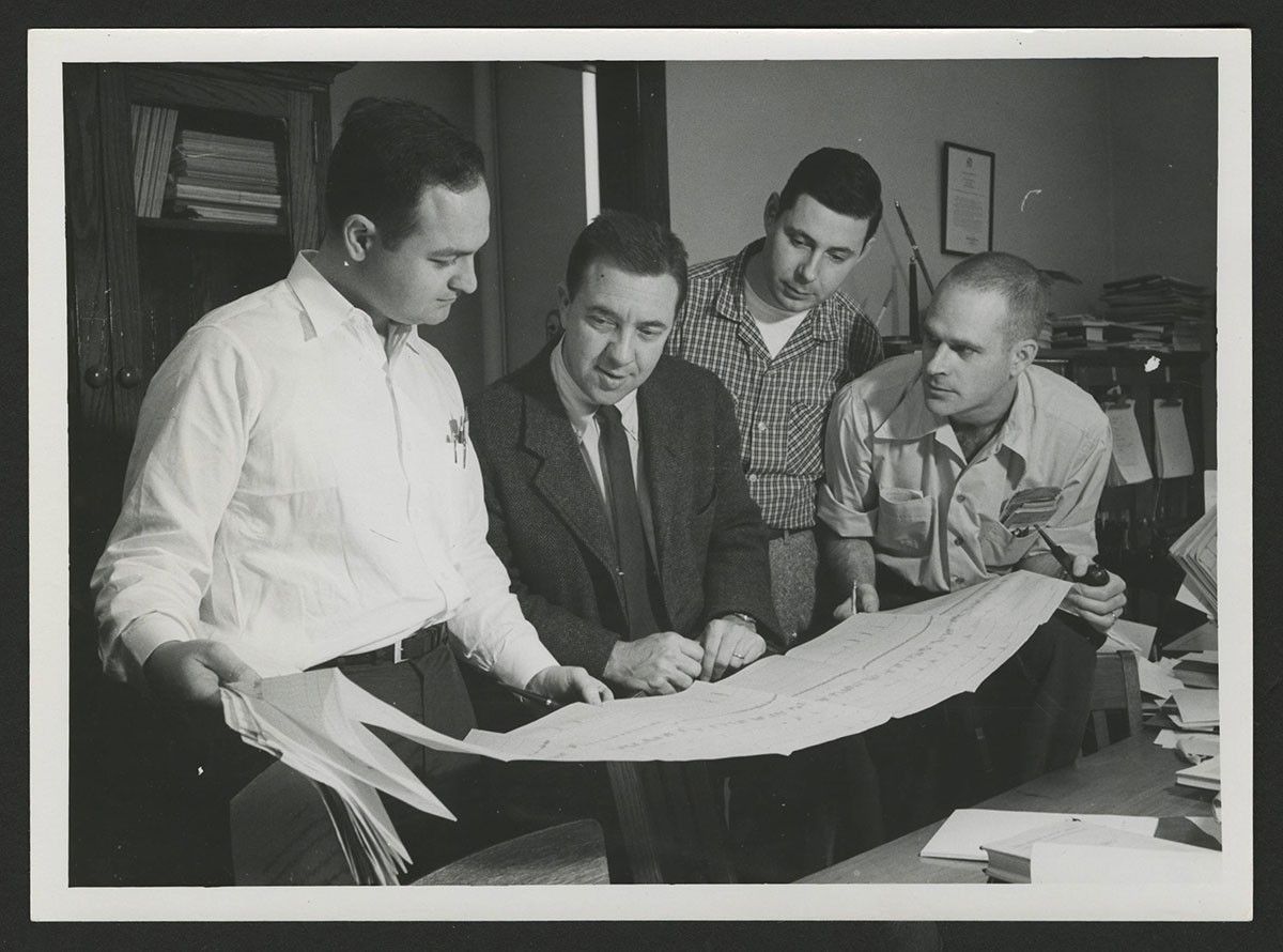 Data Review: James Van Allen (2nd left) reviews Explorer 1 telemetry data with part of his team at the University of Iowa. Data from Explorer 1 continued to be downlinked until its batteries were depleted May 23, 1958. Explorer 1 remained in orbit until March 31, 1970.