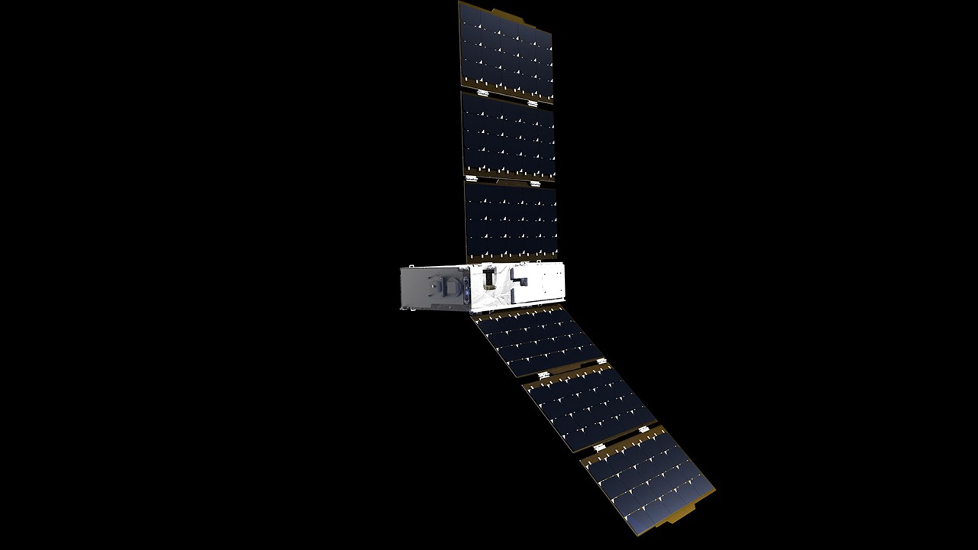 A small, silver, rectangular satellite with two unfurled, black solar arrays appears against a black background.