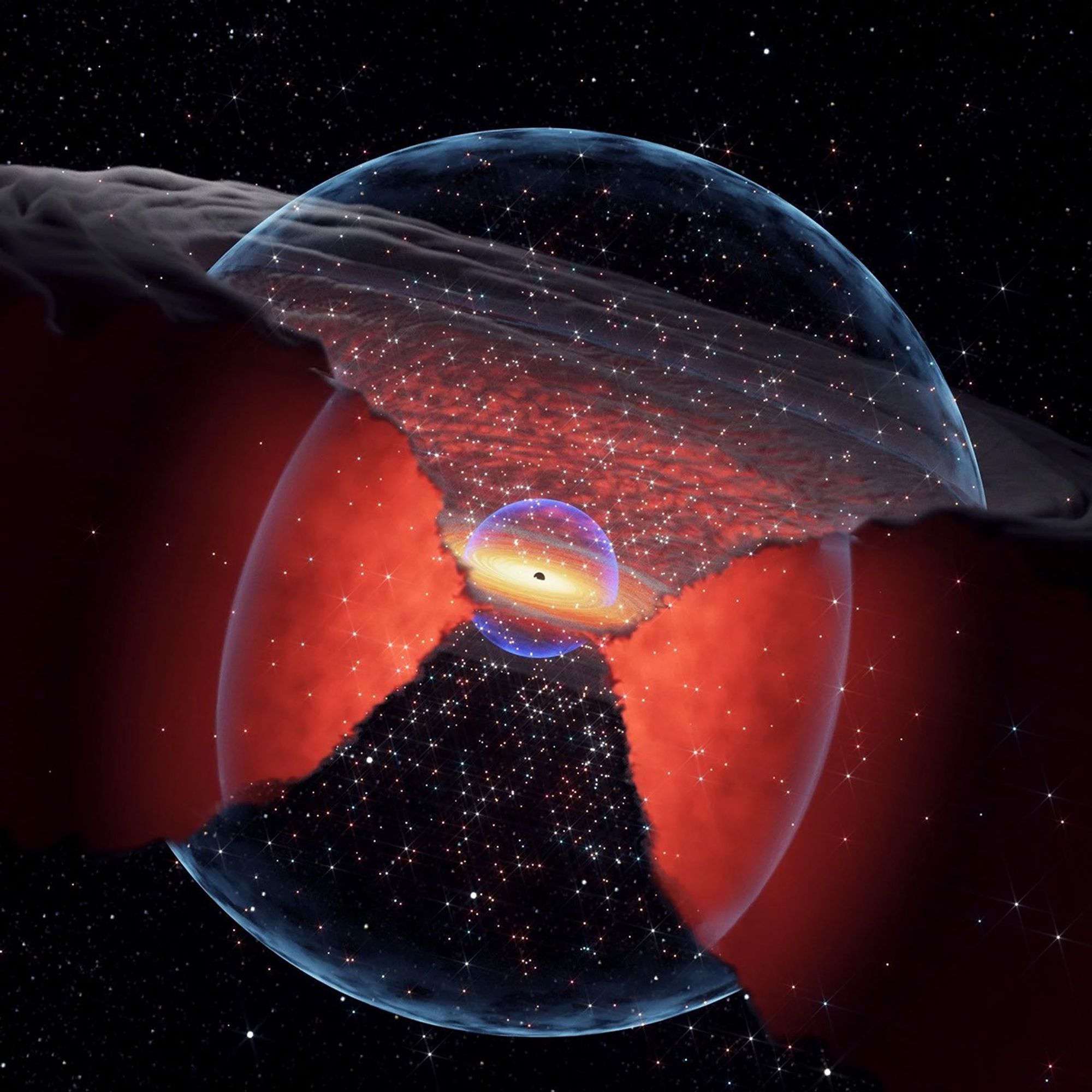 Illustration of supermassive black hole's coronae