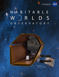 The words "Habitable Worlds Observatory" and a concept of the telescope float in front of a blue nebulous background. The telescope has a yellow barrel that protects the hexagon shaped primary mirror at the end of it.