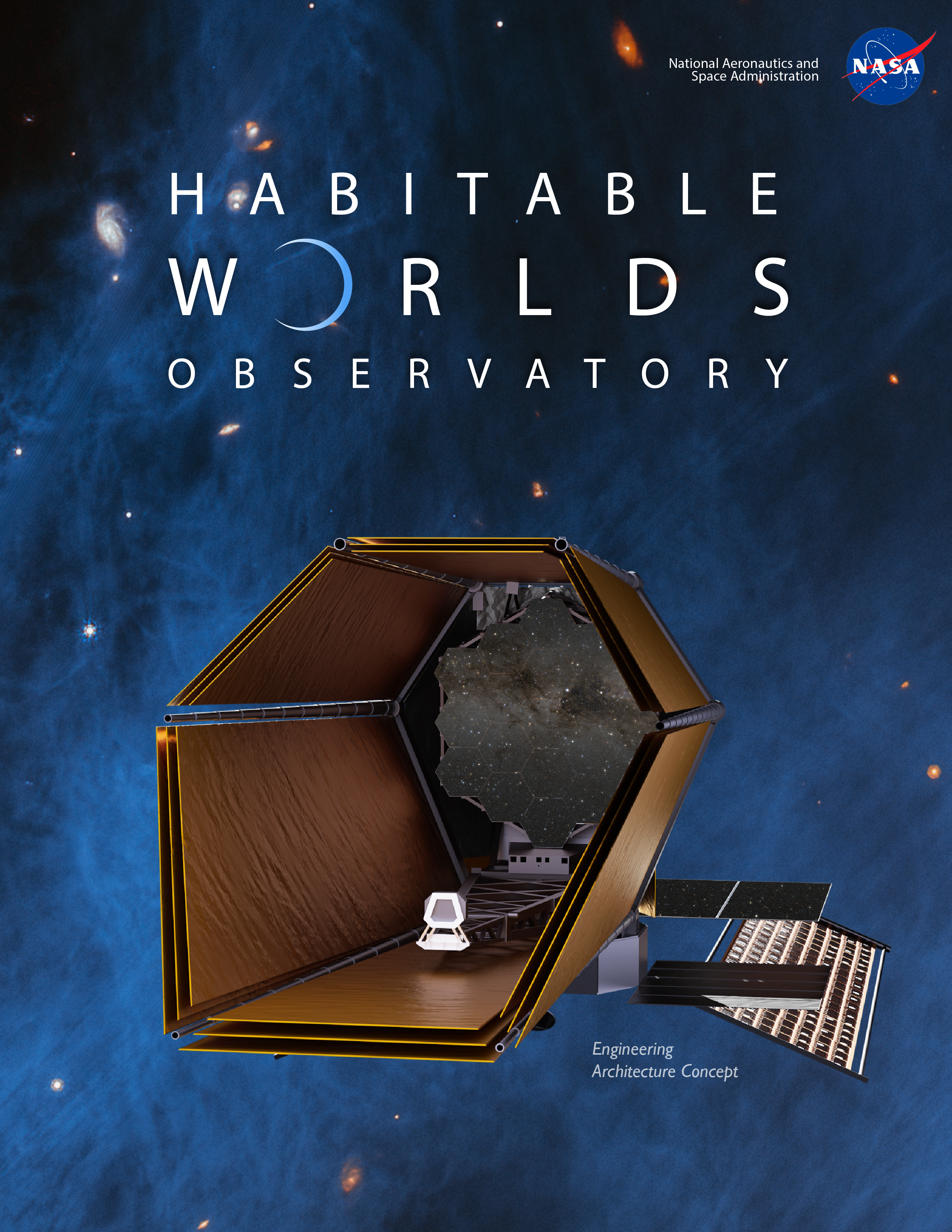 The words "Habitable Worlds Observatory" and a concept of the telescope float in front of a blue nebulous background. The telescope has a yellow barrel that protects the hexagon shaped primary mirror at the end of it.