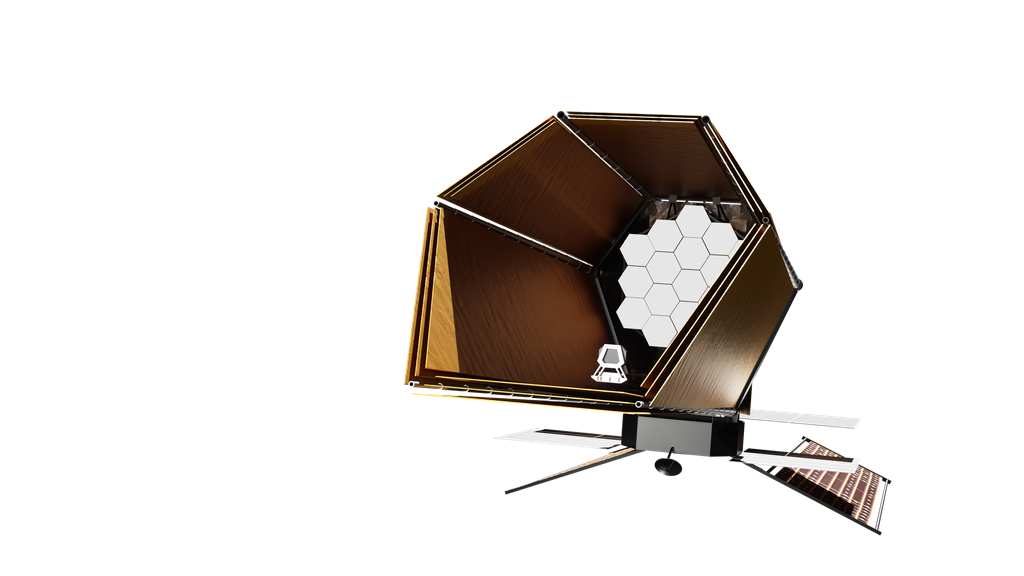 An engineering concept of HWO. It has a primary mirror made of hexagon segments and sits in side a yellow barrel.