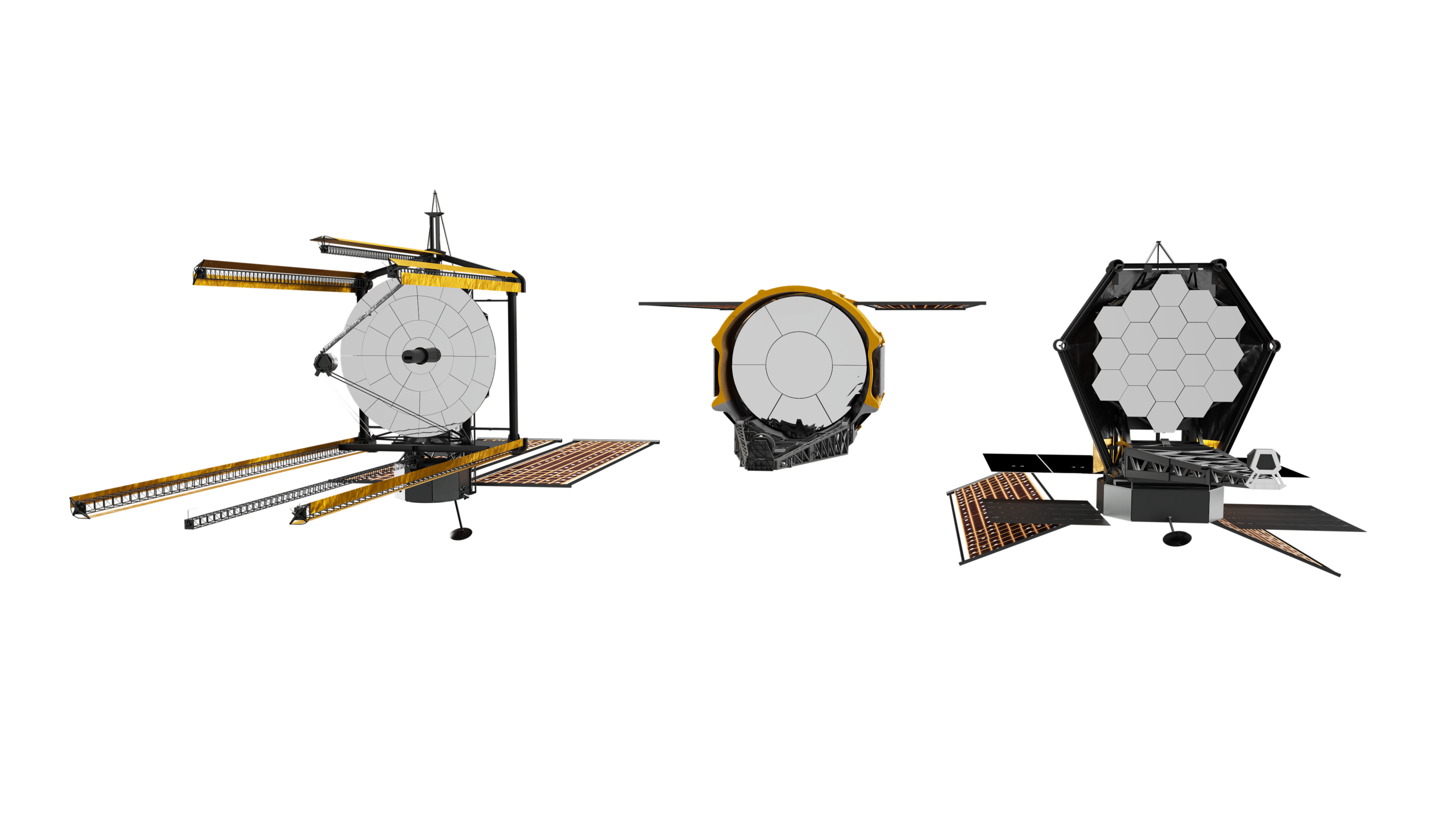 Three telescope concepts for the Habitable Worlds Obervatory float on a white background. Moving from right to left, the first telescope is hexagonal mirror segments, the second is round with a keystone mirror in the center and 6 outer segments, and the final concept is round with various segments.