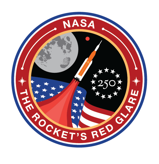 A circular NASA sticker that is outlined in blue. A ring of red with the word "NASA" at the top and the words "The Rocket's Red Glare" at the bottom in white. The center of the circle holds an American flag billowing in the wind, a rocket launching into the blackness of space, and the Moon to the left of the rocket and a to its right, a circle of 13 stars encloses the number 250.