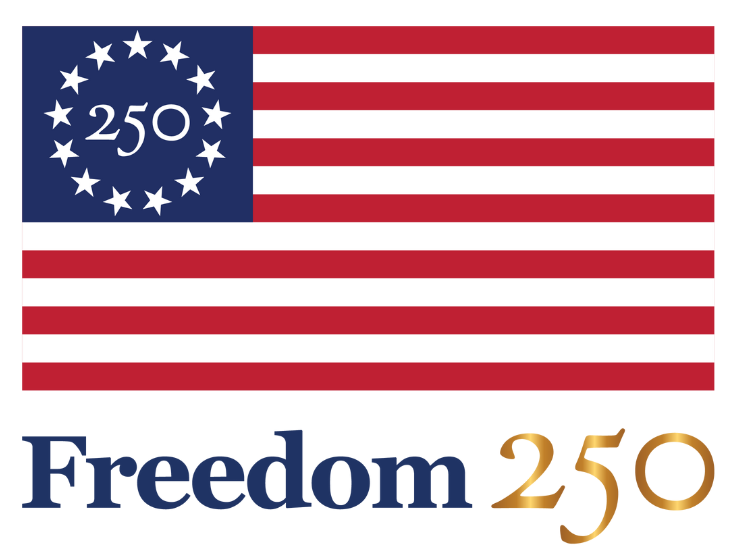 A representation of the American flag on a white background. In the upper left corner where stars representing the 50 states would be, is a circle of 13, white stars that encircles the number 250. Below the flag are the words "Freedom" in blue and "250" in gold.