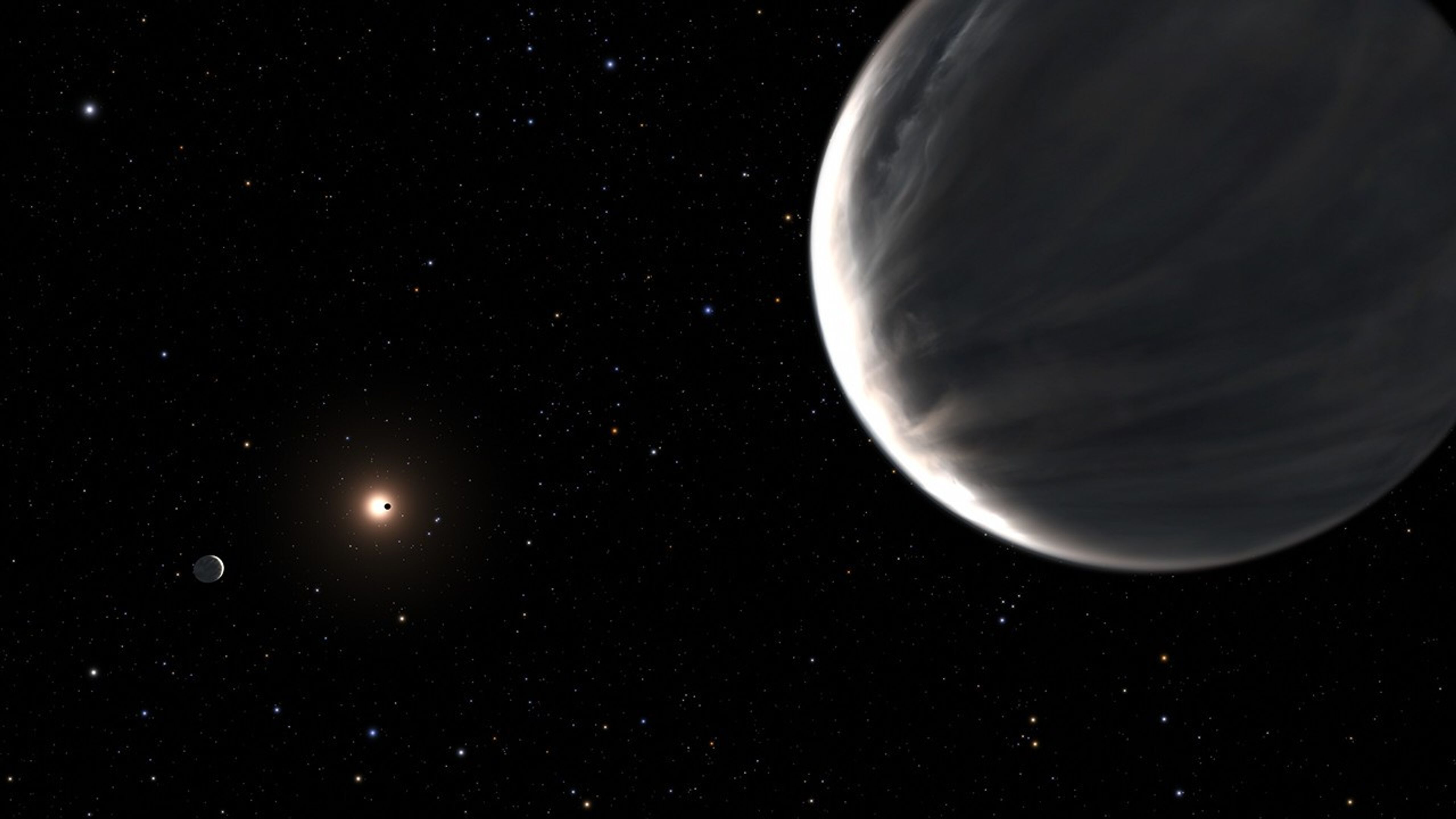 A planet with grayish clouds appears in the foreground in the upper-right against the starry black backdrop of space. Its orange-white host star is visible at a distance in the center-left, making it appear small. Another grayish planet, also appearing very small, appears further to the left. A third exoplanets transits in front of the star, appearing as a black dot on the right side of the star.