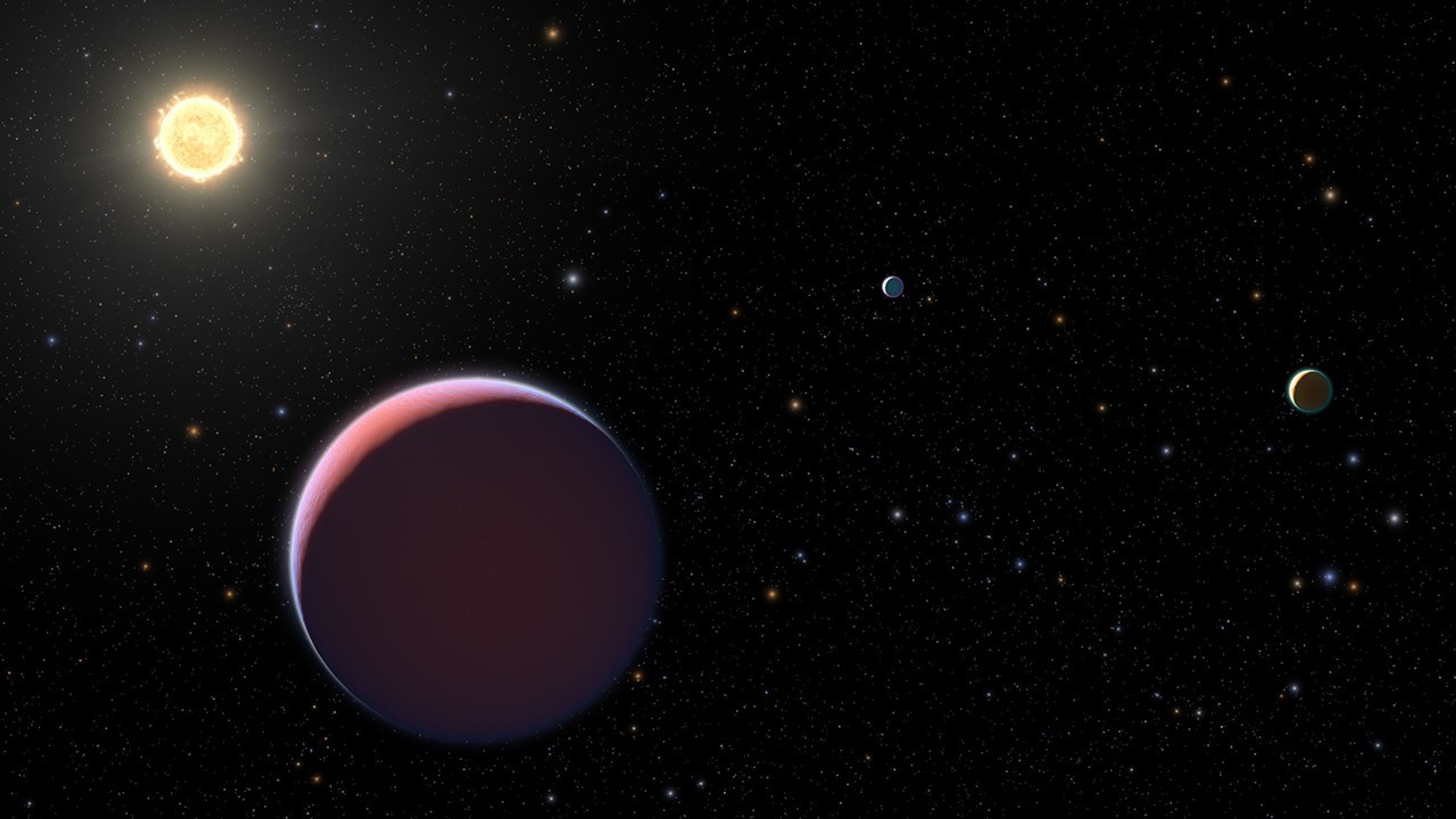 In the foreground on the lower left is a pinkish planet with a light purple outline from its atmosphere. Two more planets appear to the right in the background, making them look much smaller: a light blue-green planet near the center, and a pale orange planet on the far right. In the upper-left is a yellow-orange star. Many stars shine brightly in the background, including several brighter ones that are orange-ish, white, and blue.
