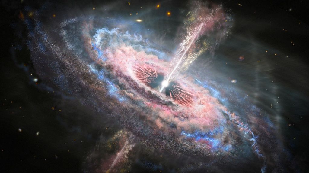 A white sphere appears at the center of a swirling disk of gas and dust. The area immediate around the star is black, with pinkish-red tendrils from the inner layer of dust extending toward it. Moving out from the center, the disks of gas and dust are white, then pink, then electric blue streaked with black, then light black/dark gray. From the white center, streaking above and below the disks, are jets of white light surrounded by streams of gas in white, pink, and yellow.