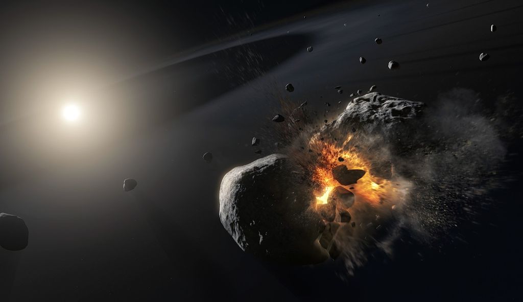 In the foreground in the lower right, two gray rocks slam into each other, with the center of their collision glowing bright yellow-orange and small pieces of rock flying off in all directions. Scattered in the background are several more small gray rocks like asteroids floating in a thin, wispy gray disk. On the left side of the image is a brightly-glowing white star with a slight yellow tint.