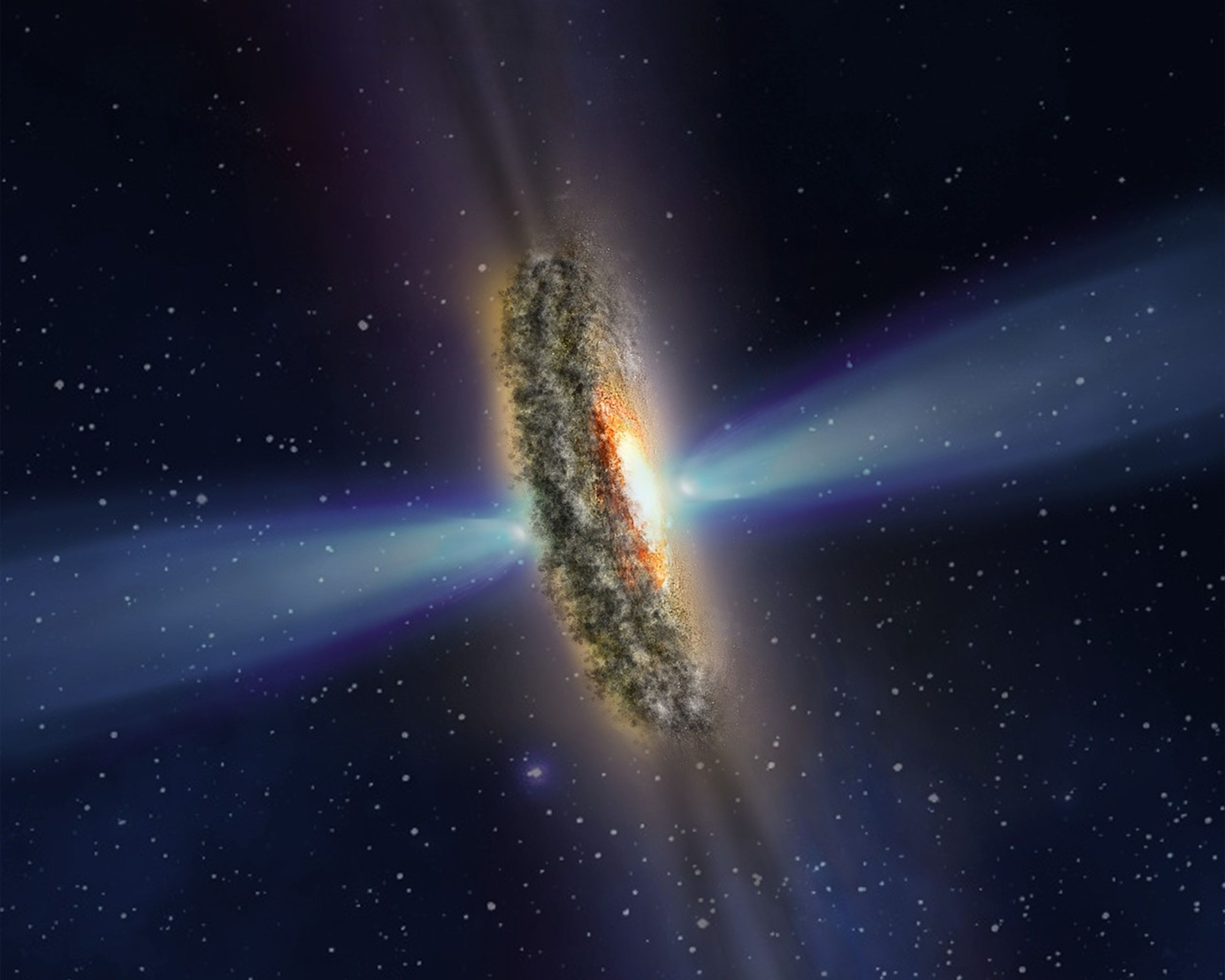 The disk of a galaxy is viewed edge-on. Its glowing yellow-white center emits bright blue plasma jets to the left and right. Surrounding the center are orange and red clouds of gas, followed by the salt-and-pepper disk that makes up the outside of the galaxy and is most easily seen.