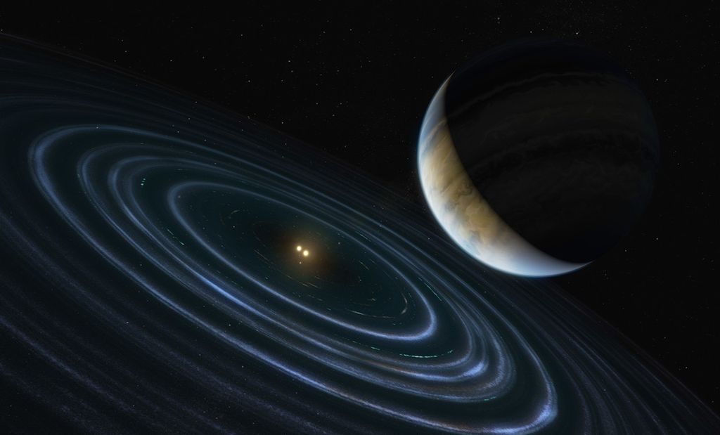 In the upper right, a planet with reddish bands of clouds like Jupiter, dark on the upper-right half that faces away from its star and lit up on the lower-left half facing towards the stars. Two yellow stars appear at the center of a disk made of several light-blue rings.