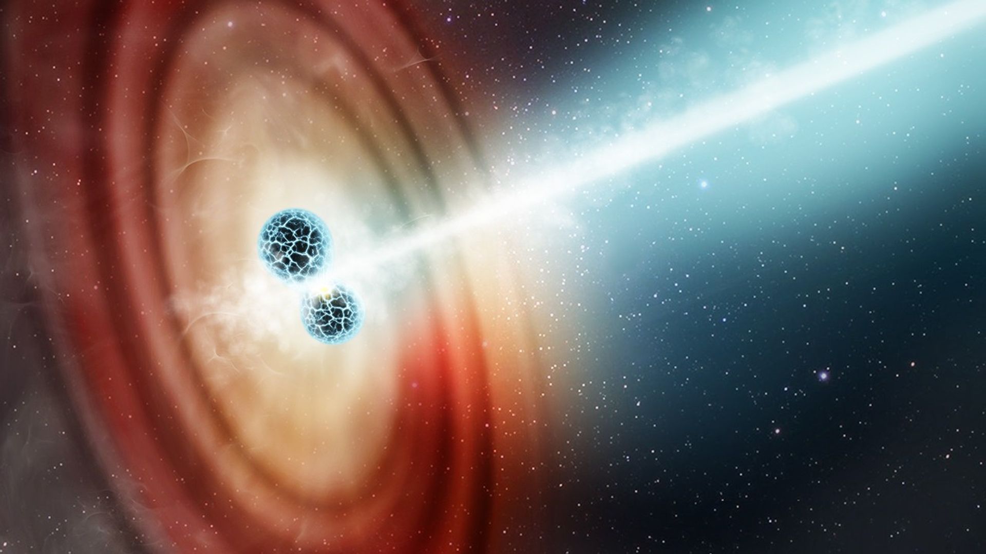 On the left-side of the image is a swirling disk spiral with a glowing white center, with yellow spirals near the center, light orange at the middle, and red near the outside. Two colliding neutron stars, represented by turquoise spheres, collide at the center, and between them is a bluish-white jet shooting out from the glowing center to the right of the image into the cosmos of space, shown by the dark blue background with many tiny white dots for stars.