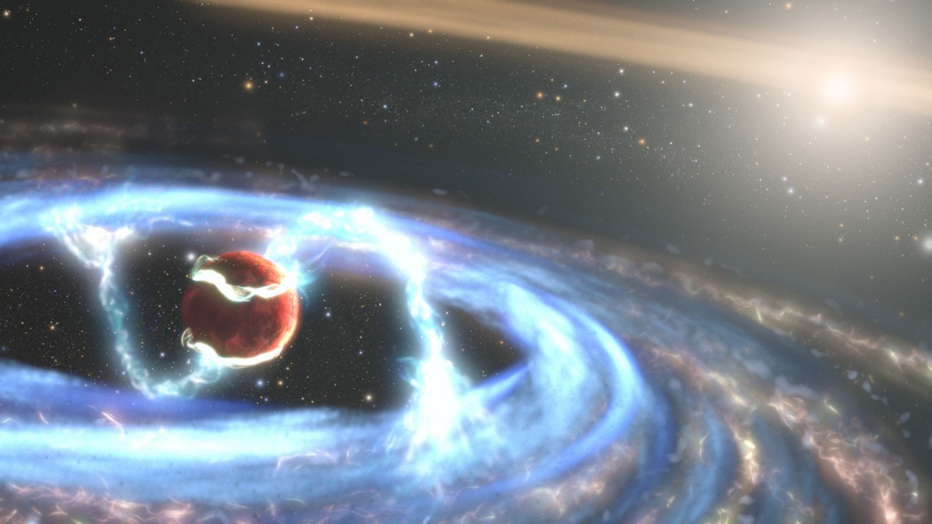 A dark red planet is visible on the left, surrounded by a glowing electric-blue disk, which fades out to look gray and light red with yellow tendrils laced through it. Two whitish rings circle the top and bottom of the planet, with electric-blue tendrils running from these rings to the blue inner disk. The planet's white star is visible in the upper right, with pale orange haze around it.