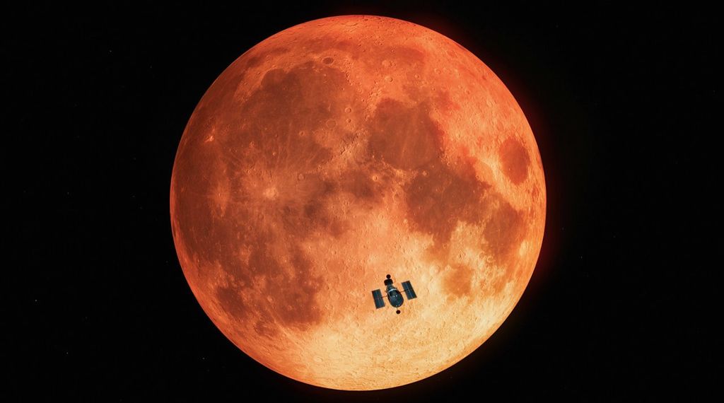 Earth's Moon takes up the whole center of this image, appearing bright reddish-orange and lightening to yellow-orange at the bottom, with the black backdrop of space visible behind it. Hubble appears, much smaller, in front of the Moon on the lower-right, pointing towards it away from the viewer.