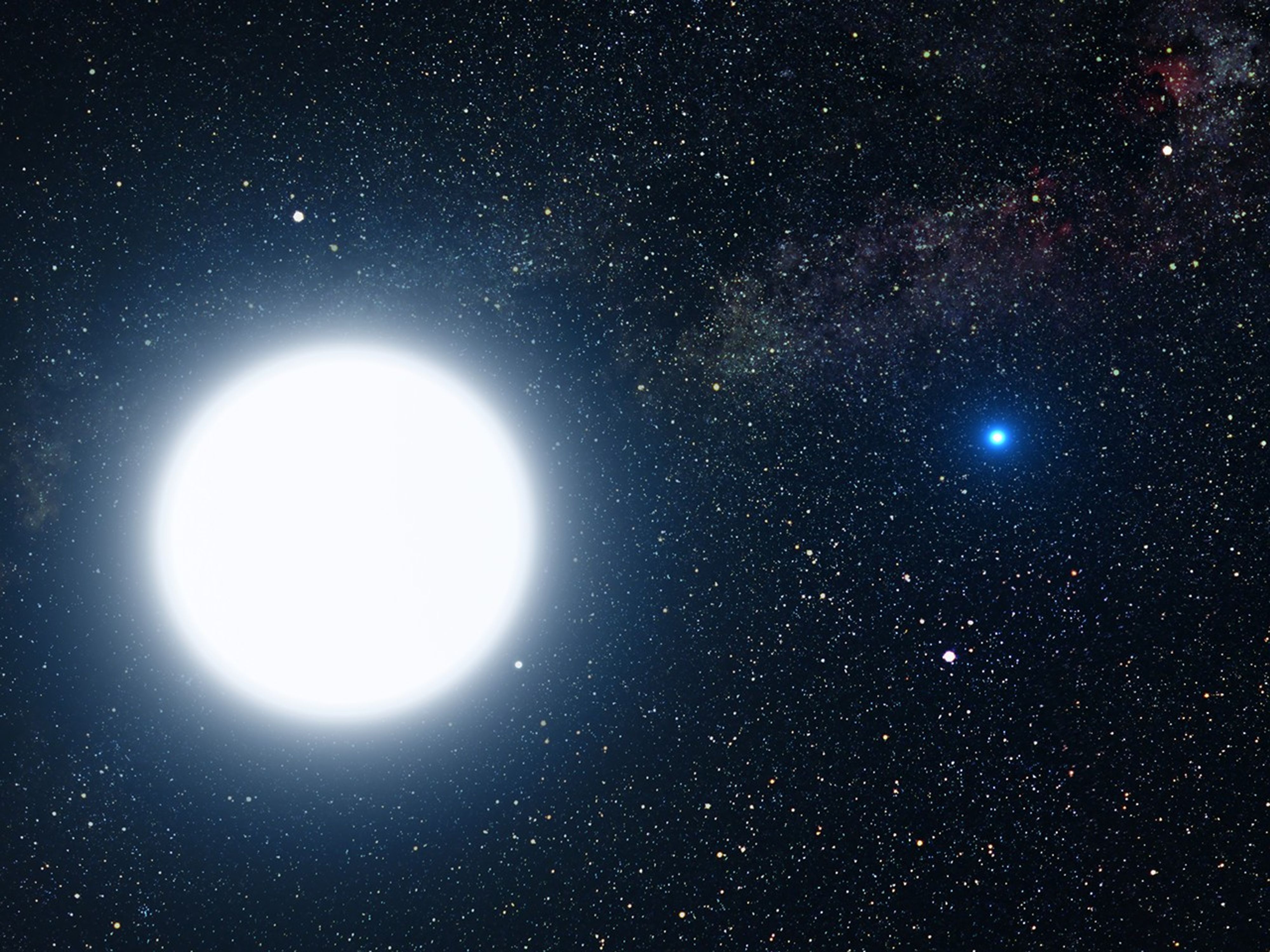 Against a black backdrop with countless dots of stars (mostly white, also reddish and bluish), a bright white sphere takes up most of the foreground on the left side, with the light from it appearing slightly bluish white. On the right is a much smaller sphere, only a bit bigger than the background stars, bright blue in color.