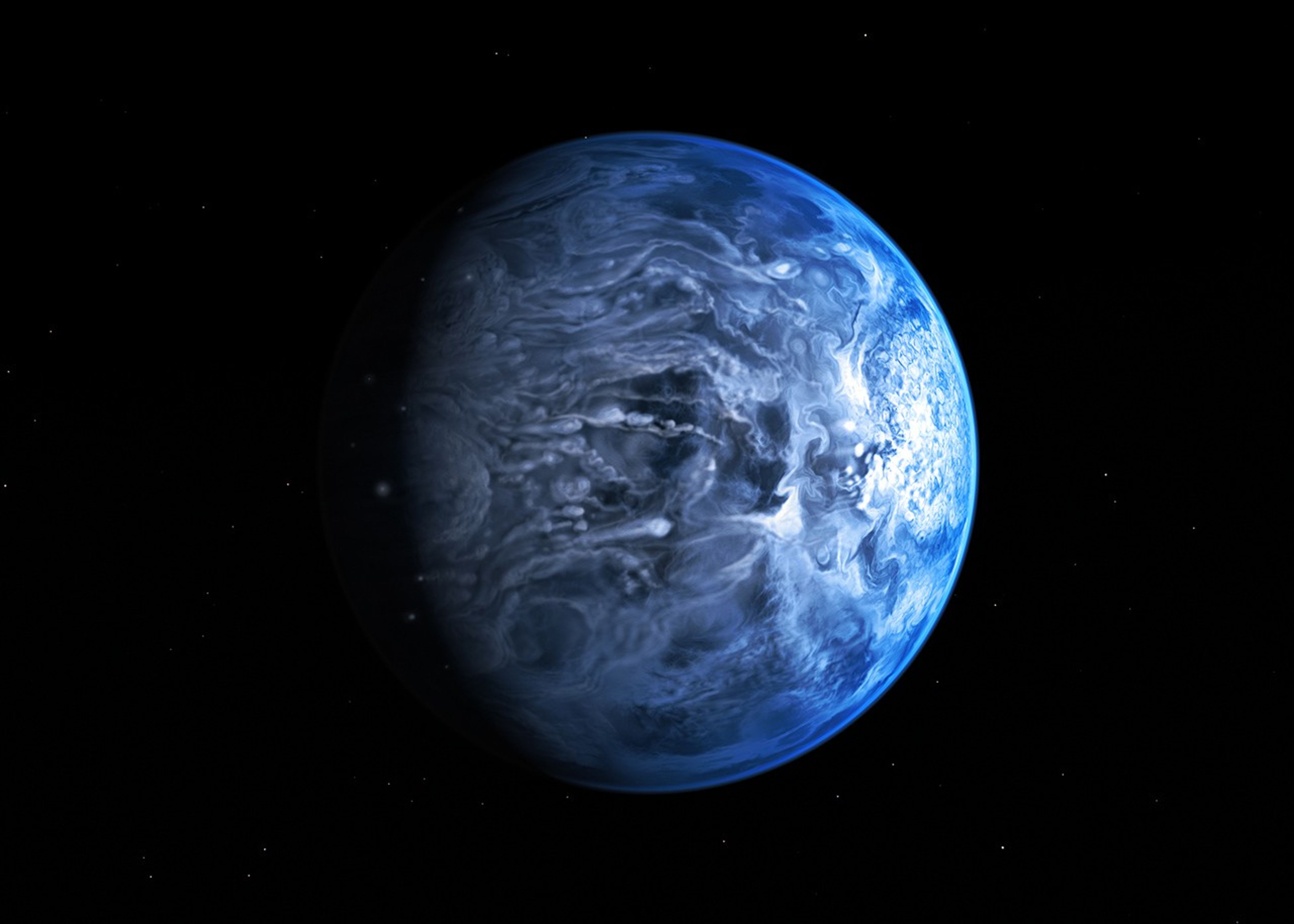 A planet against a black backdrop of space, with dots of white stars. The planet appears blue-white on the far right side, deepening to blue-gray in the middle, while the left side is dark due to being on the night side of the planet.