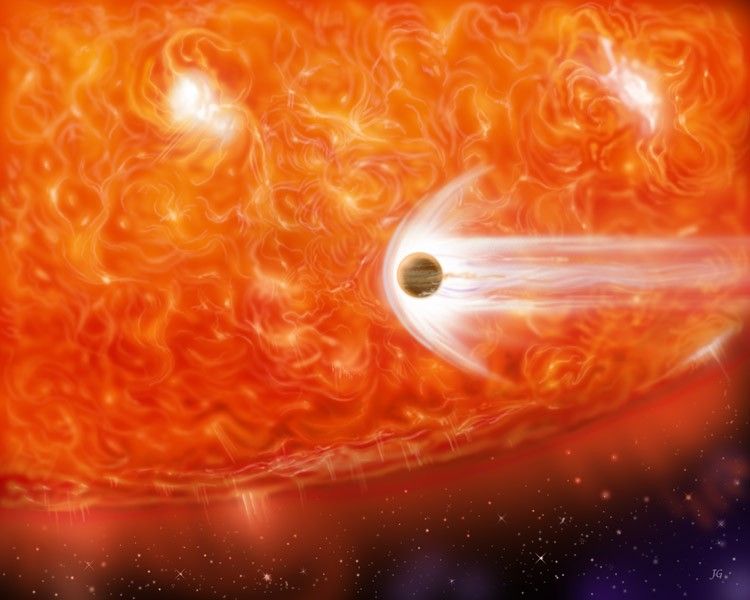 A portion of the giant red-orange star takes up the upper 3/4 of the image, with the lower quarter consisting of the backdrop of space (in black, violet, and red glow from the star) with white background stars. Near the center, a planet that looks like Jupiter leaves a white trail behind it to the right and a white arc in front of it to the left as it nears impact with the star.