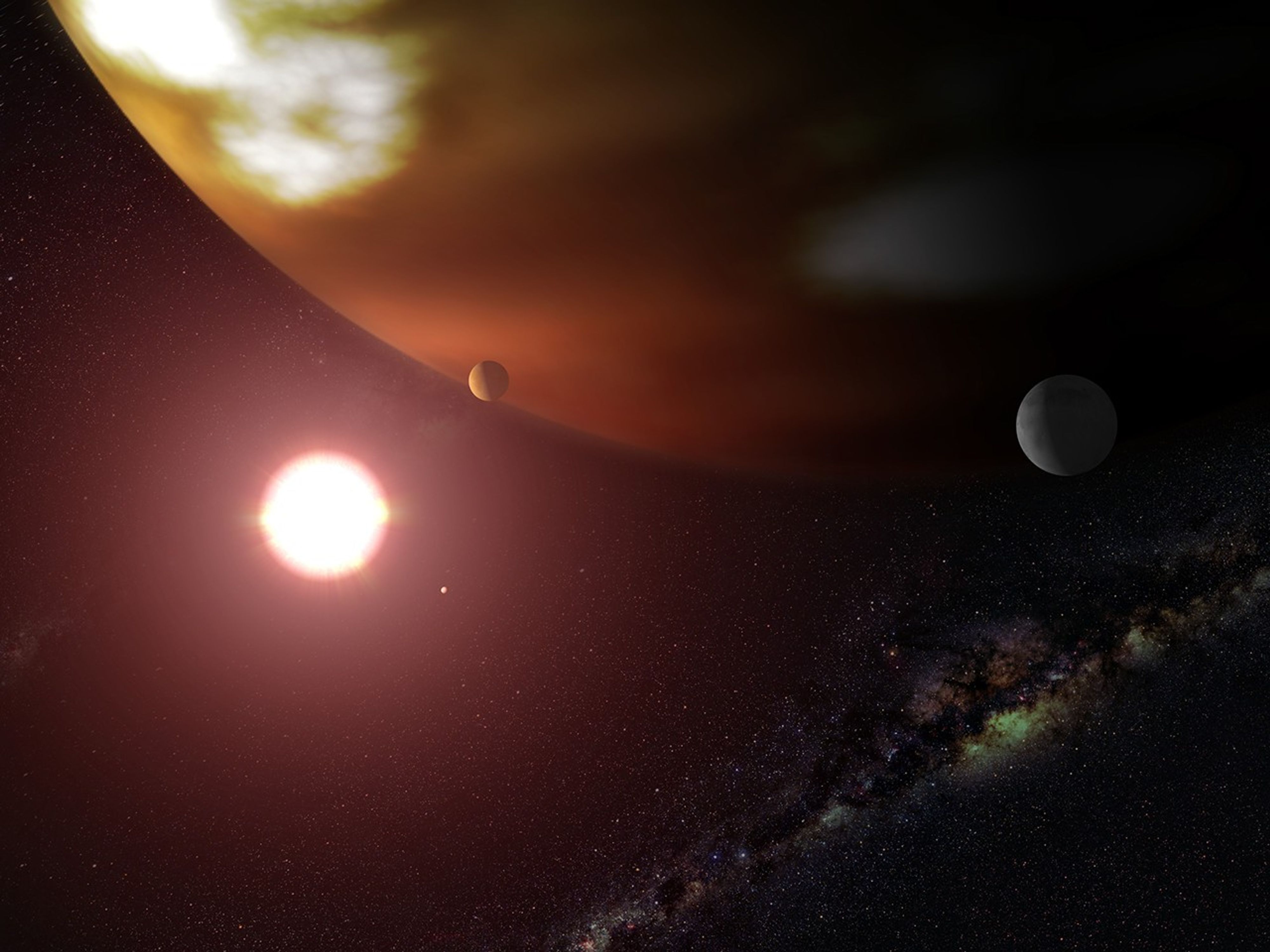 Part of the large sphere of the planet takes up the upper part of the image, especially the upper right. It appears yellow-white on the sphere's left side that's in starlight and a deep orangey-red below it, fading to black on the dark side. The much smaller spheres of two moons are visible, a grayish one on the right and an orangish one on the left near the edge of the planet. On the left below the arc of the planet is the bright reddish-white star.