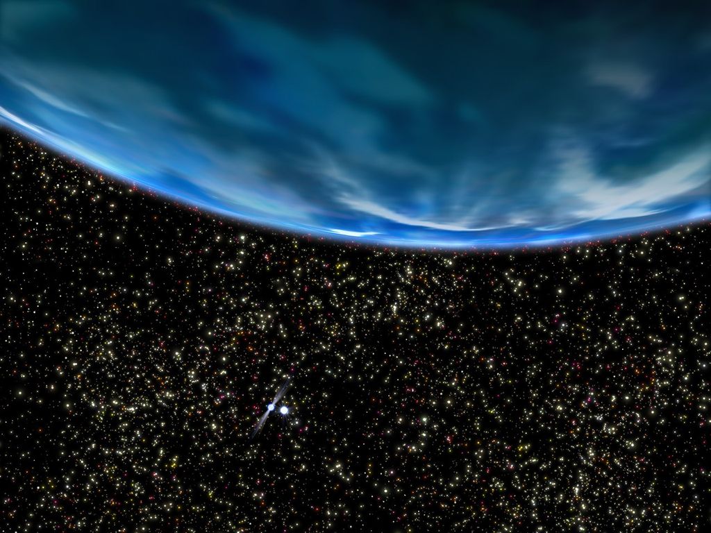 A portion of the blue planet takes up the upper half of the screen. The bottom half is taken up by countless multicolored stars against the black backdrop of space, with two white stars appearing larger and brighter, closer to each other, with white streams streaming off of each one.