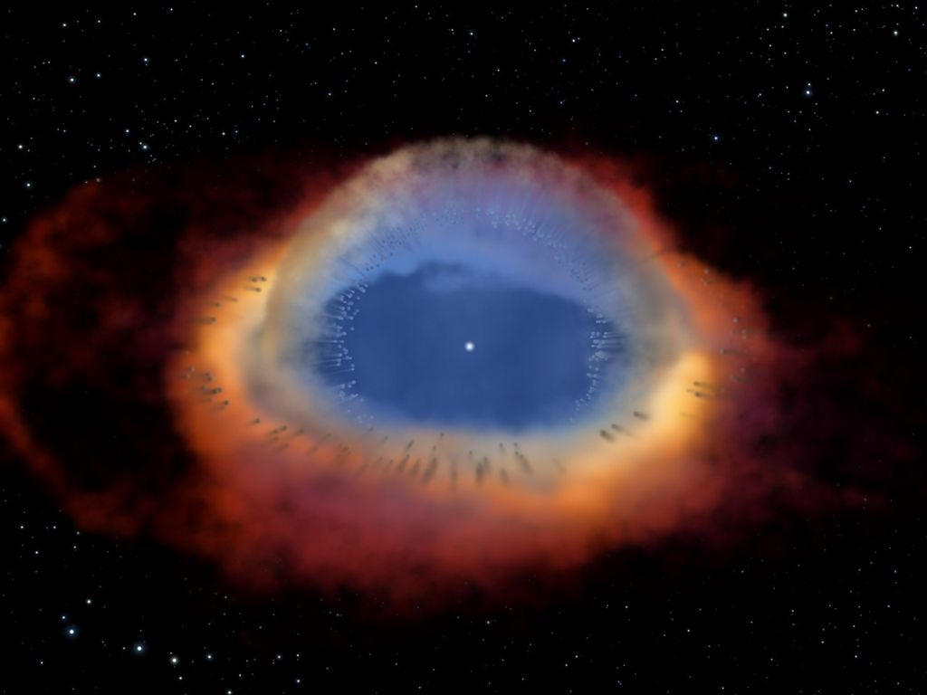 A small white dot, the dying star, appears at the center of a much larger blue sphere that resembles and eye and fades to hazy light green at the outer edges. It's surrounded by a disk that fades from yellow to orange to the dark red clouds that spread from it.