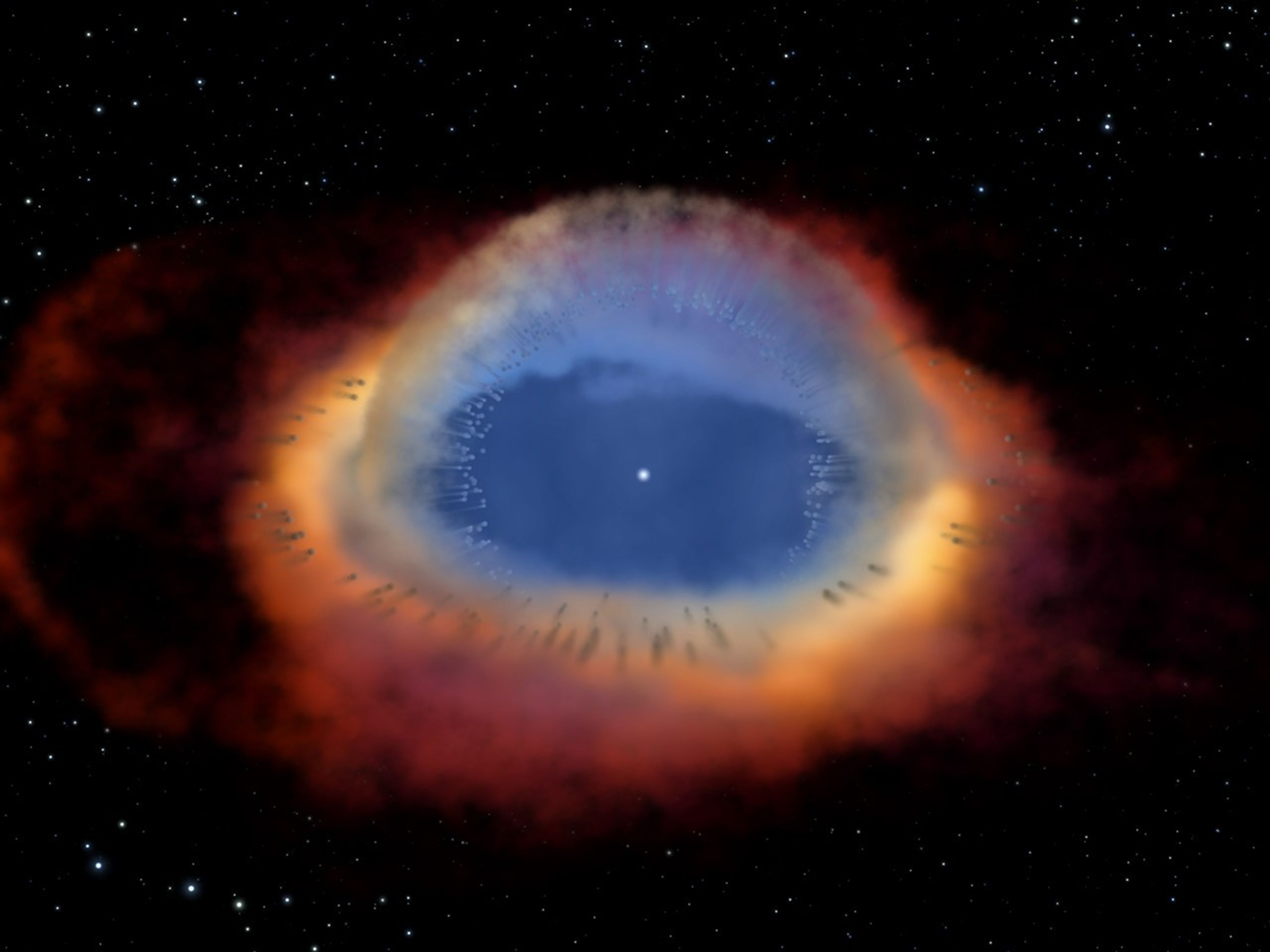 A small white dot, the dying star, appears at the center of a much larger blue sphere that resembles and eye and fades to hazy light green at the outer edges. It's surrounded by a disk that fades from yellow to orange to the dark red clouds that spread from it.
