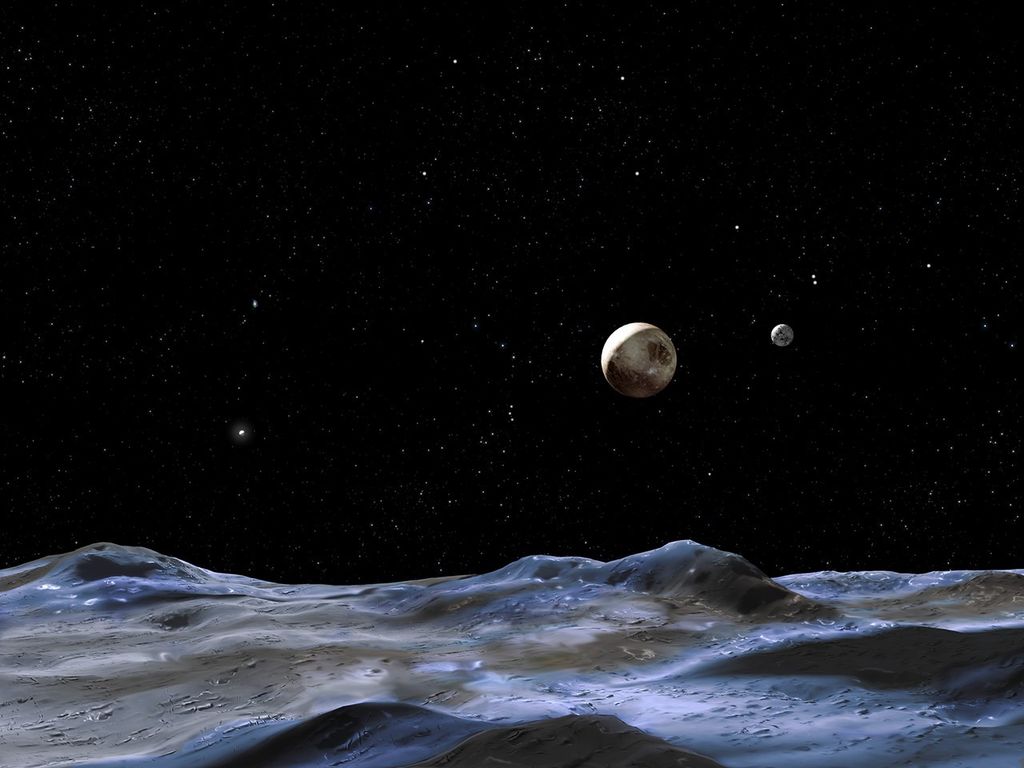 The lower third of the image is the gray-and-icy-blue surface of the moon. Above it, near the center, is the brown-and-taupe sphere of Pluto, with the gray sphere of Charon to its right. Numerous stars dot the black background, with a slightly-brighter one on the left representing the Sun.
