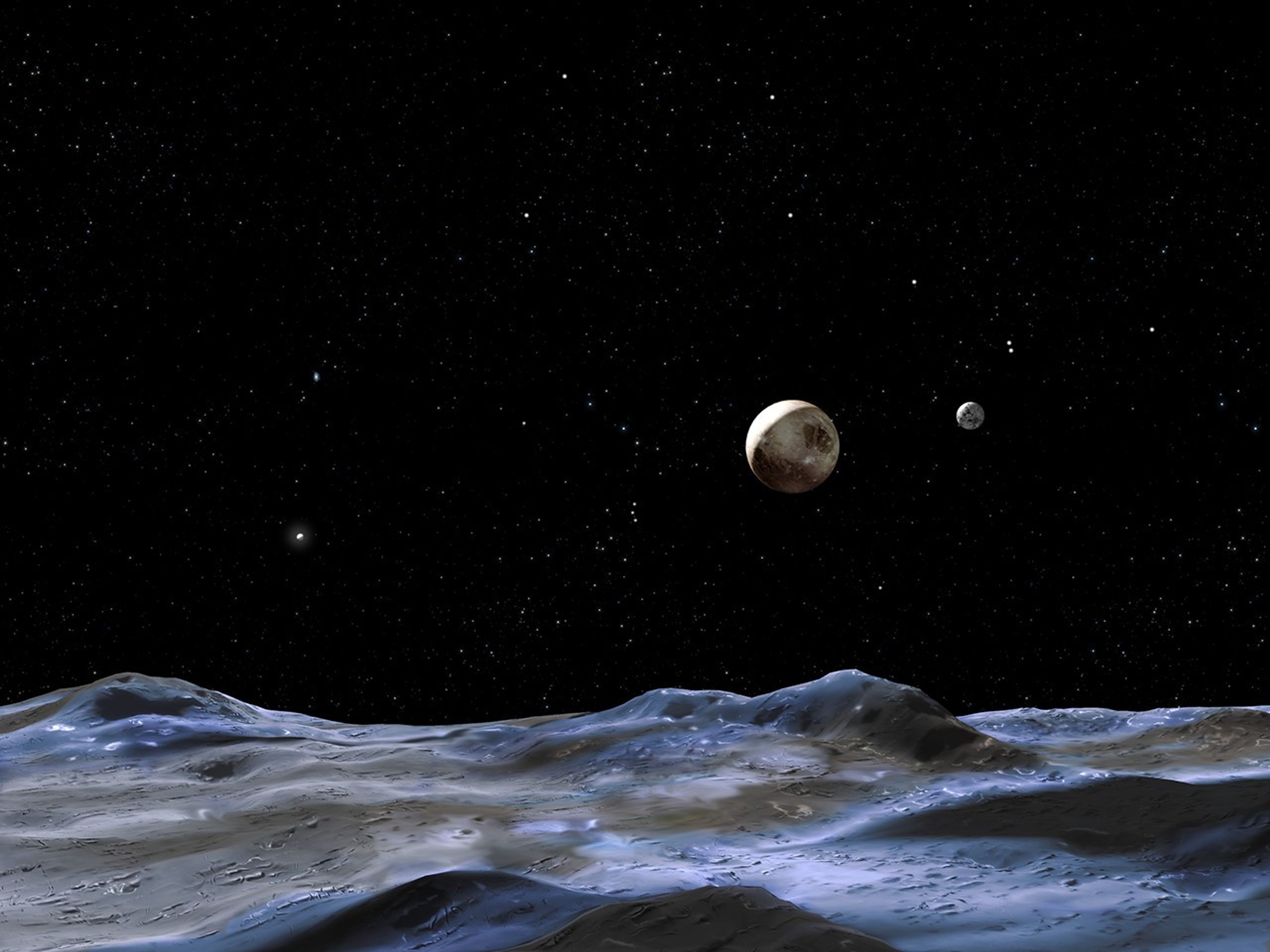 The lower third of the image is the gray-and-icy-blue surface of the moon. Above it, near the center, is the brown-and-taupe sphere of Pluto, with the gray sphere of Charon to its right. Numerous stars dot the black background, with a slightly-brighter one on the left representing the Sun.