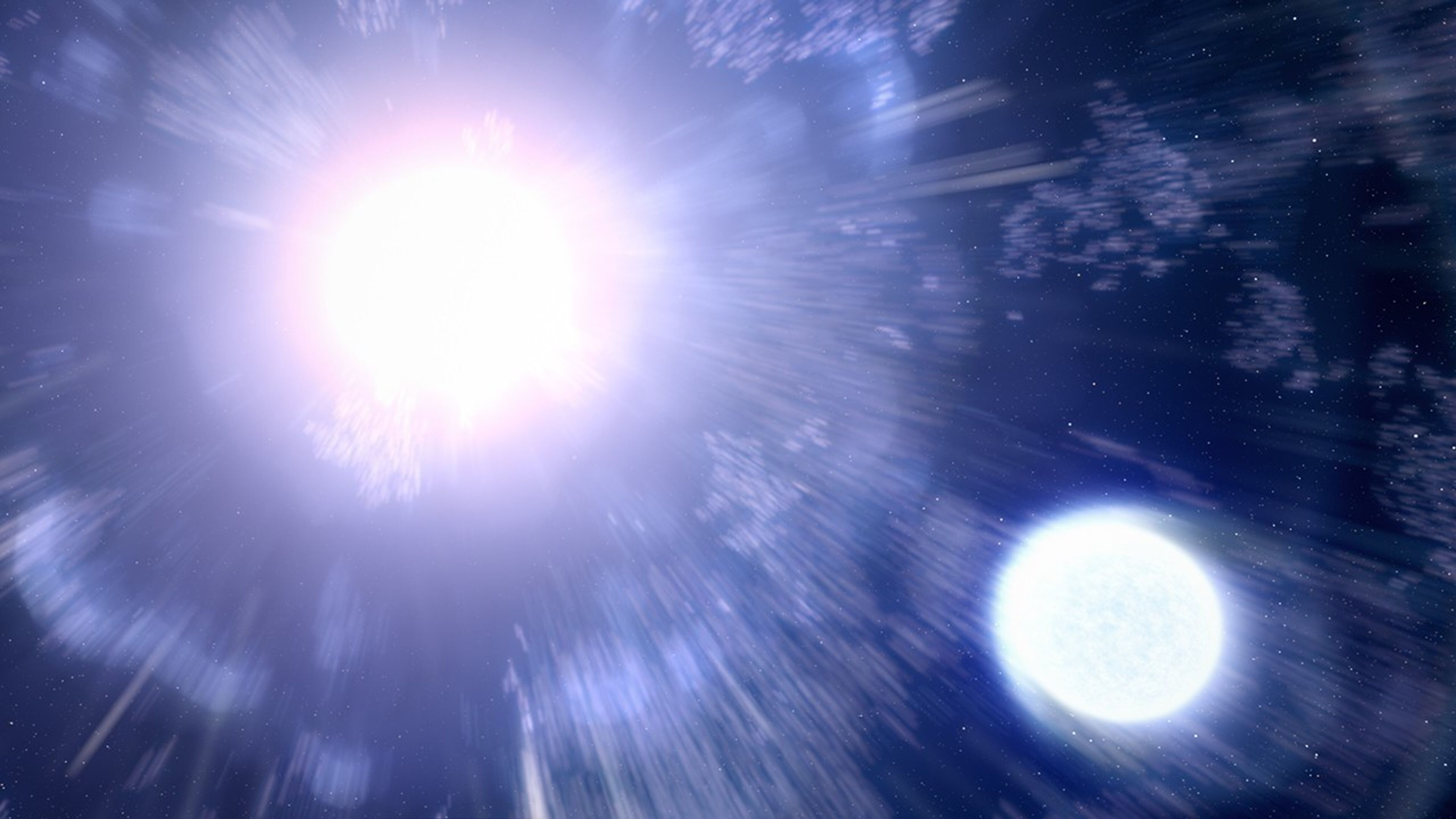 In the center left, a bright white sphere gives off a burst of bright creating streaks of bluish-white light in all directions. In the lower right is a bluish-white sphere, the companion star.