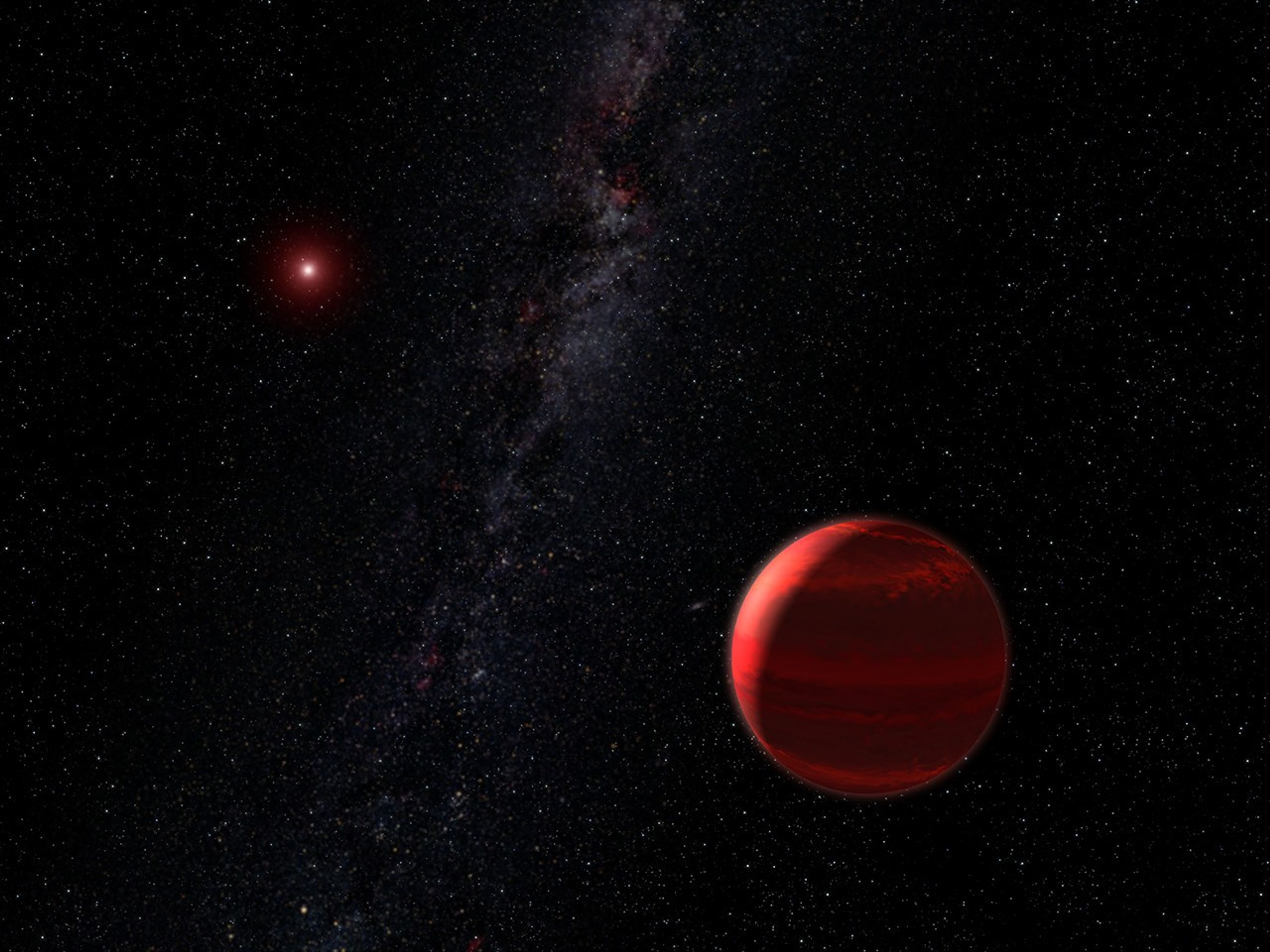 In the lower right is a deep right planet with darker red streaks from its clouds. Most of it is dark thanks to facing away from its parent star, except for its upper-left. In the top left quadrant is the red star, much brighter but not much larger than the background stars. The disk of the galaxy crosses the image from top to bottom in the background between the star and planet.