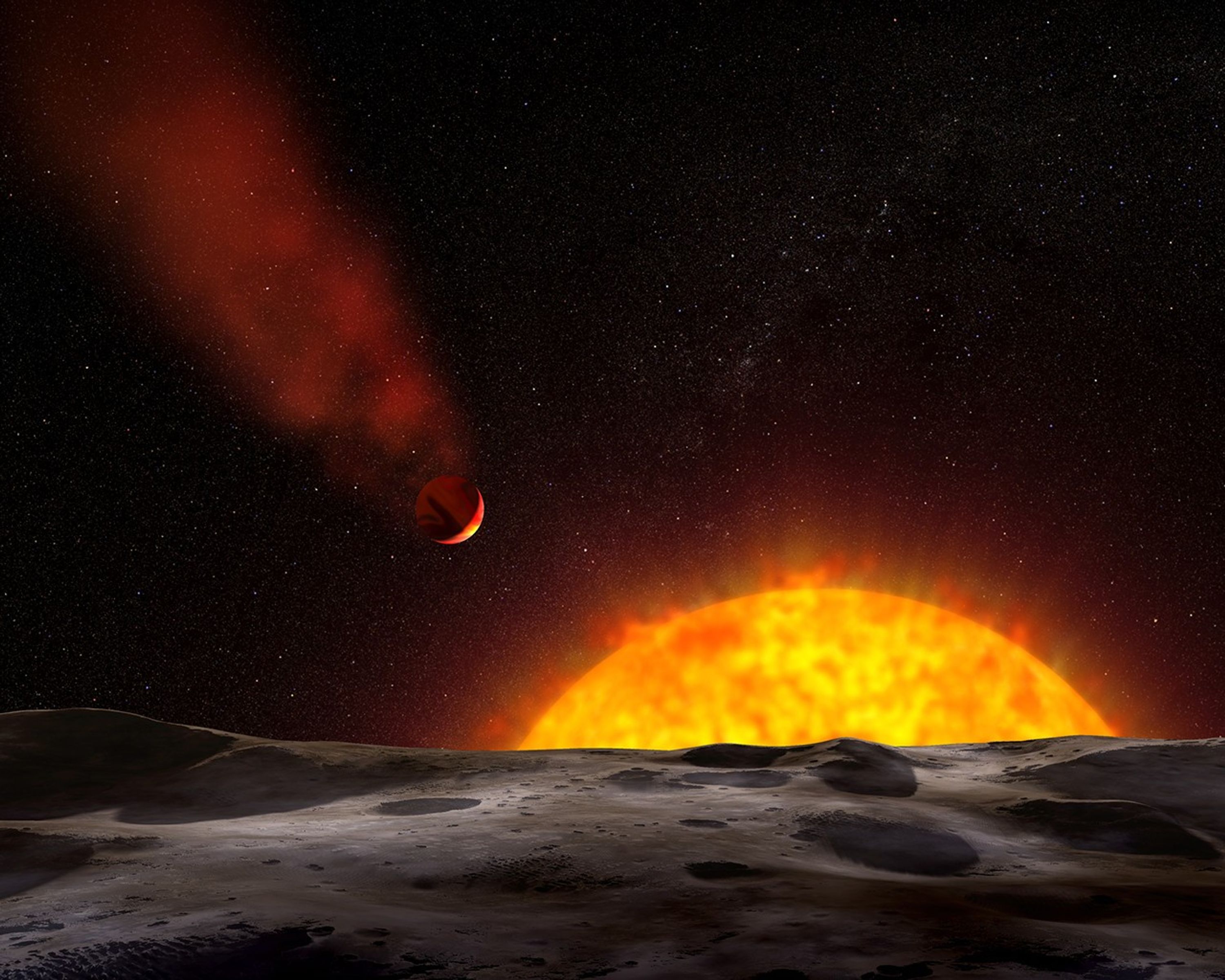 The lower quarter of the image is the gray-brown surface of a rocky object. Peeking above it in the center-right is the upper-third of a yellow star with orange patches. On the left, a red cloud trails out from behind a reddish planet to the top left of the image, making it look like the planet is plunging toward the star.