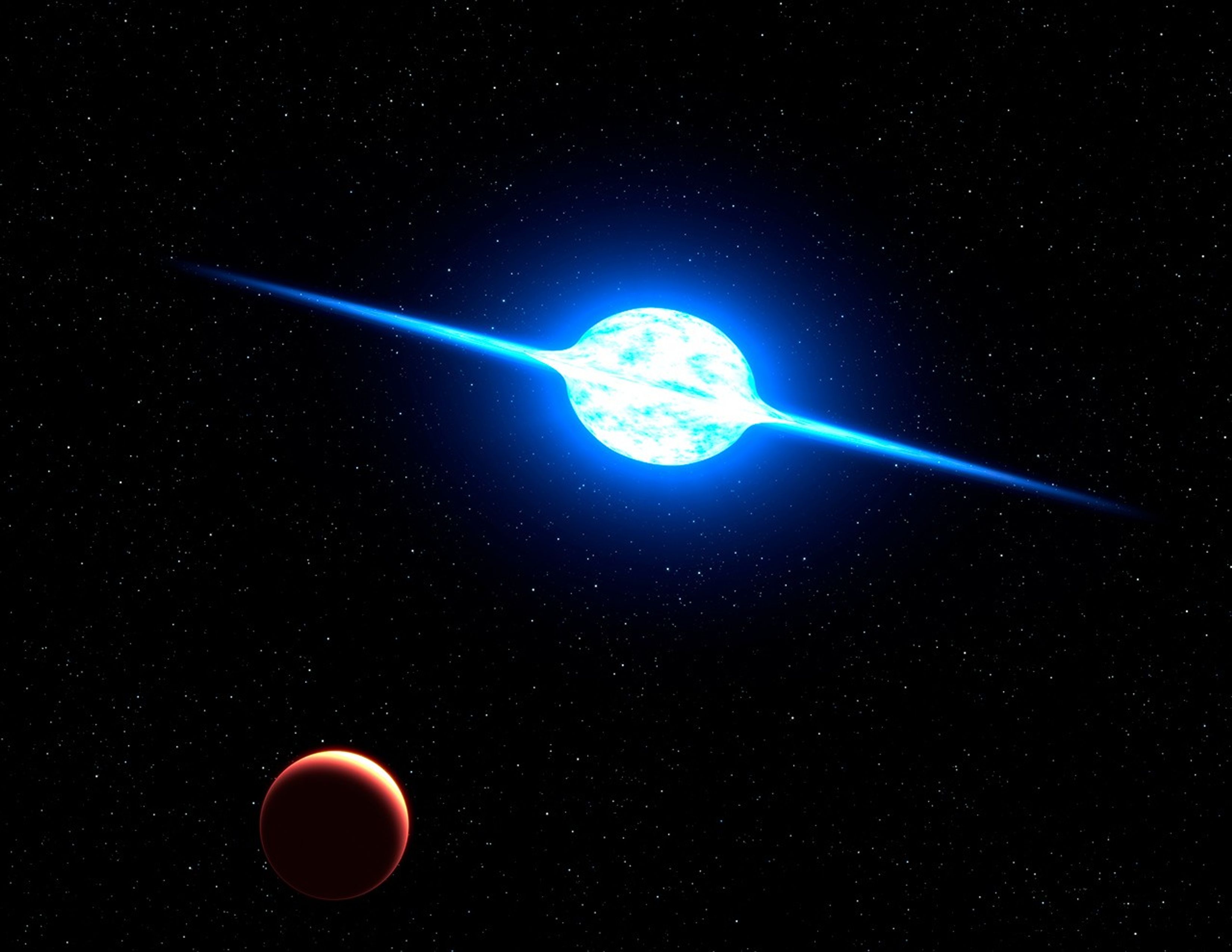 Near the center is a blue-white star with a "flattened" elliptical shape, flattening to an electric-blue disk on the left and right that resembles a thin blowtorch flame. At the bottom-left is a reddish-orange planet, all against a black background of space with many white stars.