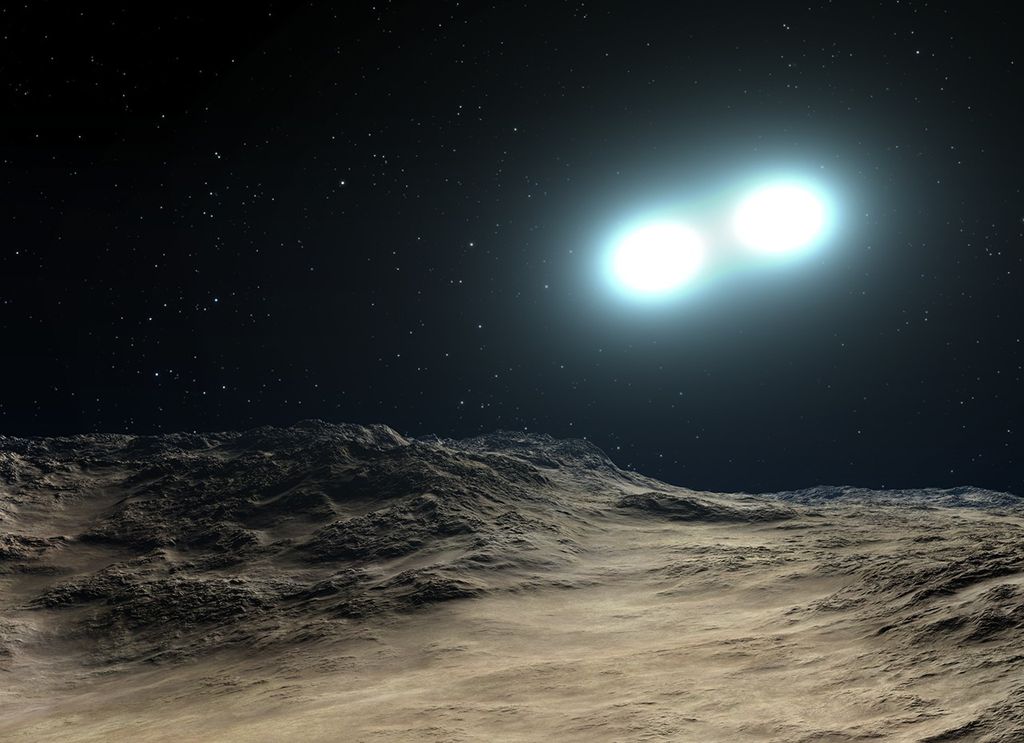 The lower one-third of the image is a light brown, rocky terrestrial surface from which the image is being "taken", while the upper part of the image is the blackness of space with many white stars. On the right, two blue-white stars orbit close to each other with an exchange of pale blue gas and dust between them, looking like a pair of glowing goggles staring down at the surface.