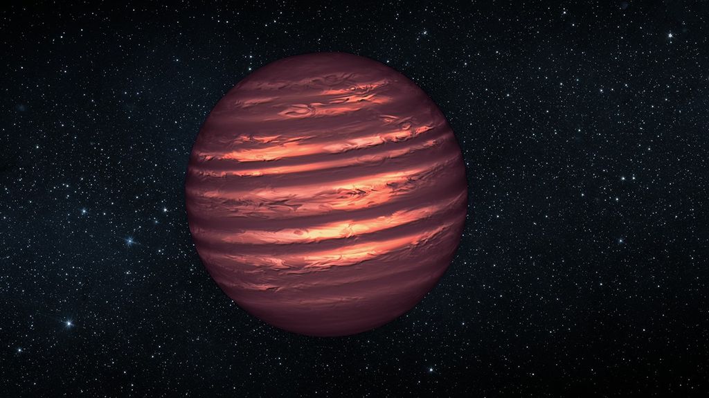 A large sphere sits at the center of the image, mostly dark fuchsia at the top, bottom, and bands through the middle, whilte the space between the bands is red and pink-orange. The background is the black backdrop of space, with countless multicolored stars.