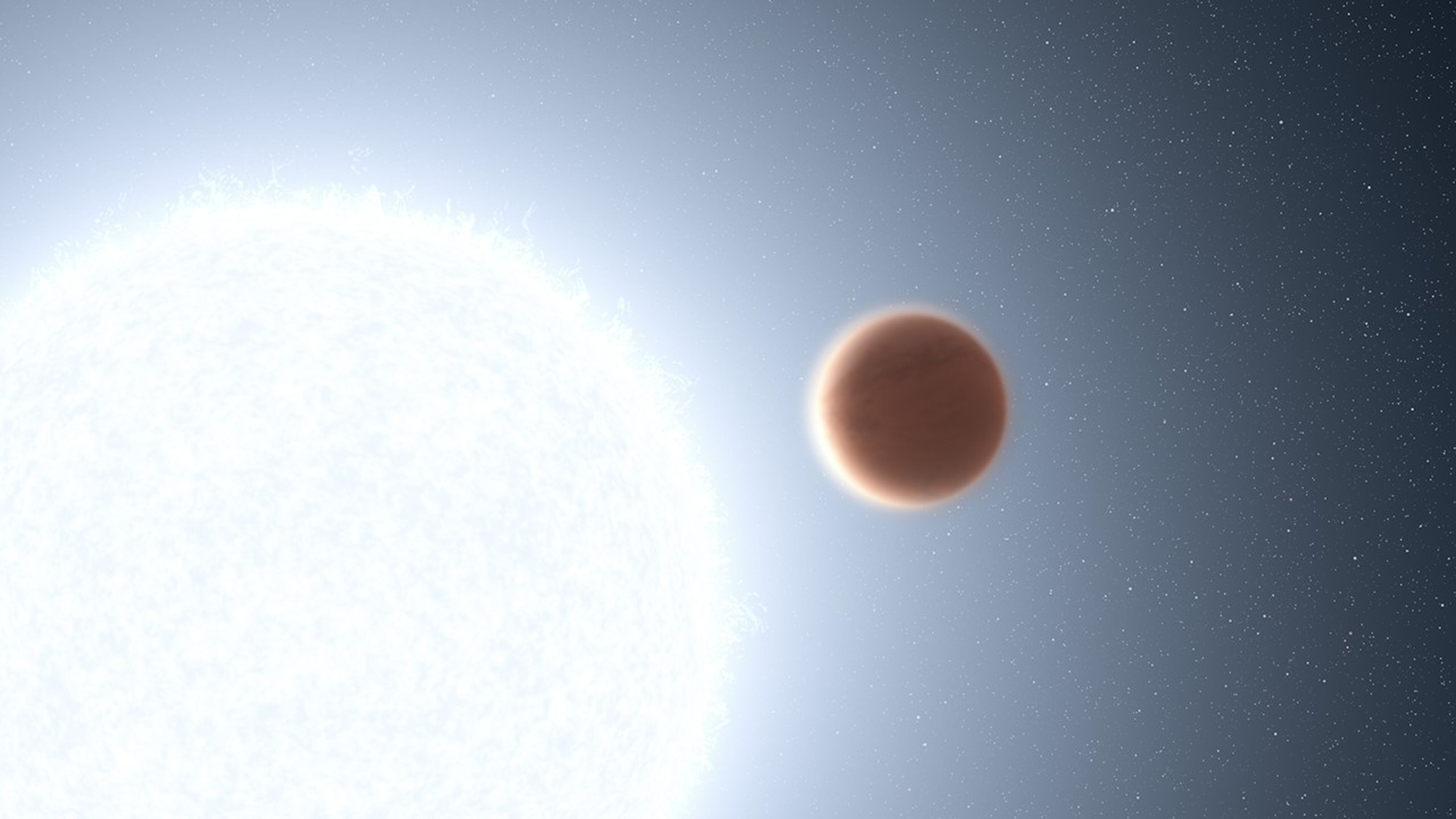 Near the center is a reddish-orange planet, surrounding by glowing white light from its host star in the lower-left. The star has a bright white color, but it translucent thanks to its own bright white light that it radiates.