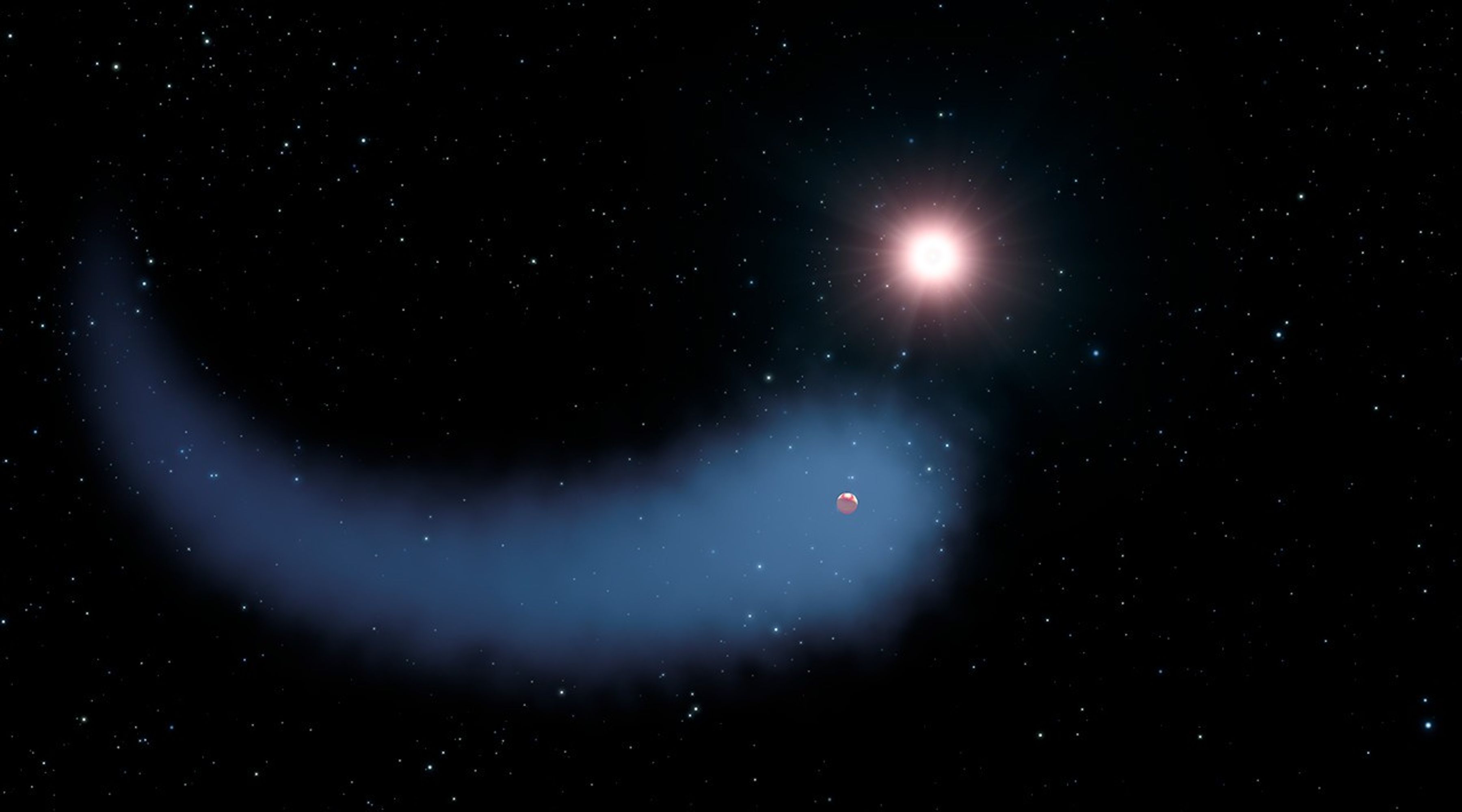 In the center-right of the image is a the reddish-white star. Below it is a pinkish planet with a pale blue cloud surrounding it and forming an arc behind it toward the left side of the image. The arc fades to purple at the very end. The blackness of space and many multicolored stars form the background.