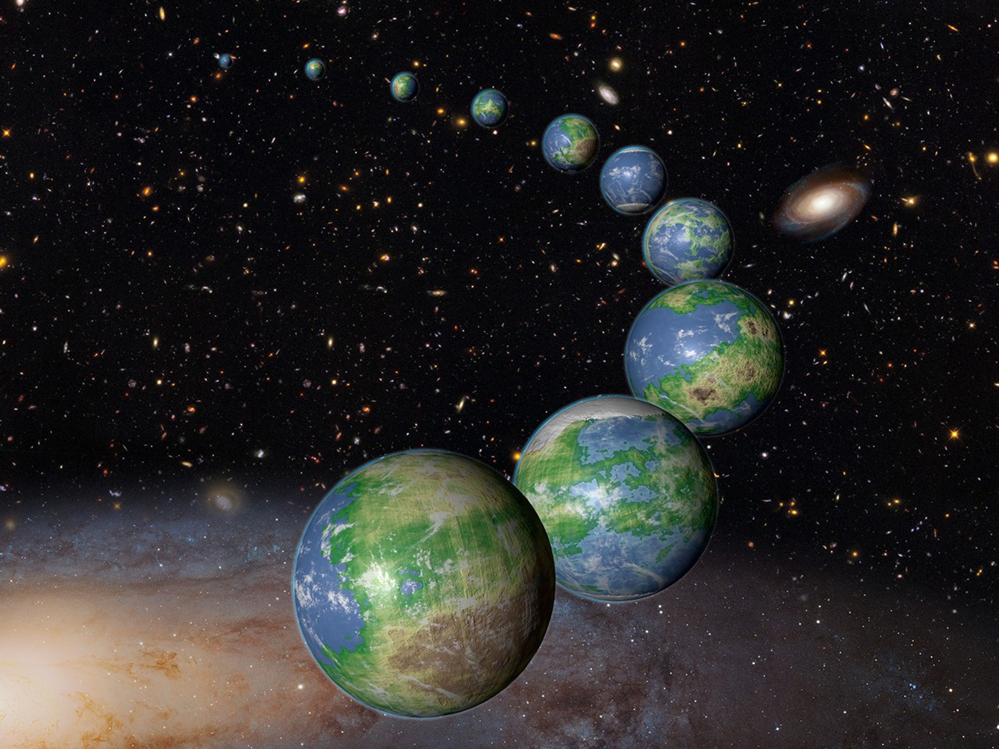 Several Earth-like planets--with blue oceans, green and brown landmasses, and white ice caps, all in different shapes--form an arc, with the foreground planet in the bottom center and the arc of other planets going first to the right and then to the left further into the background. The background is a Hubble Deep Field, with a prominent spiral galaxy in the upper right. At the bottom, especially the lower-left, is another, closer spiral galaxy.