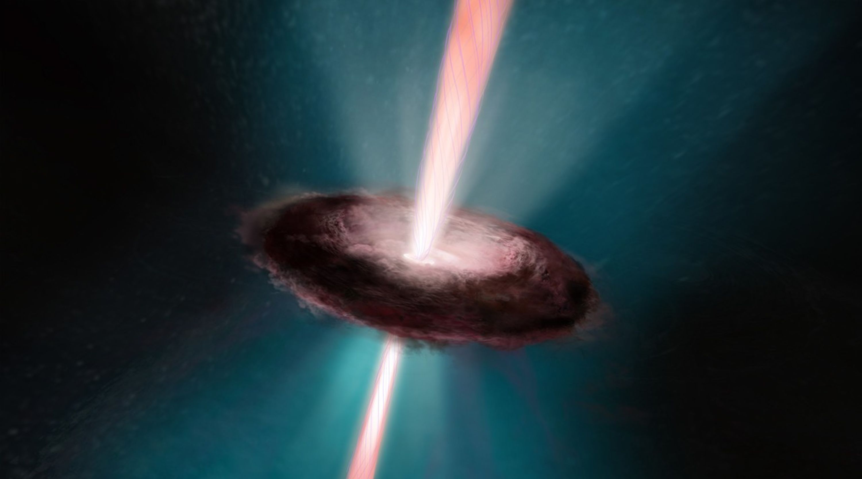 The disk of gas and dust is viewed nearly edge-on. Its glowing light pink center emits bright pink plasma jets to the top and bottom, which are surrounded by glowing turquoise light. Surrounding the center are dark red and black clouds of gas, which forms the outer disk and is most easily seen.