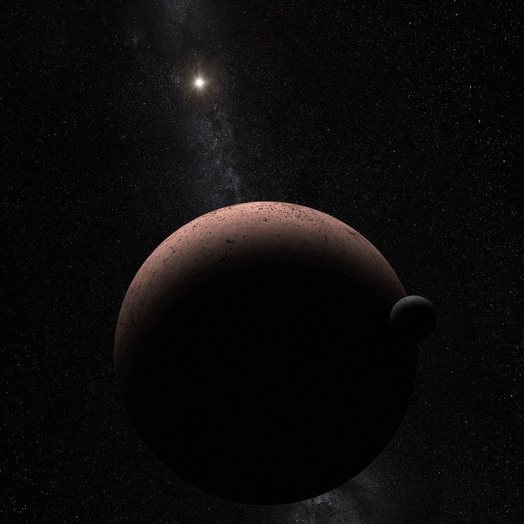 The bottom half of the image is primarily filled by the sphere of Makemake; the top of it is reddish-brown with dark brown spots, while the rest of it looks black because it's in darkness. On the right side of Makemake, partially in front of it, is a small gray moon. IN the background is the background of space with countless bright stars and the disk of the Milky Way running from top to bottom; in front of this disk near the top is a bright yellow-white star, the Sun.