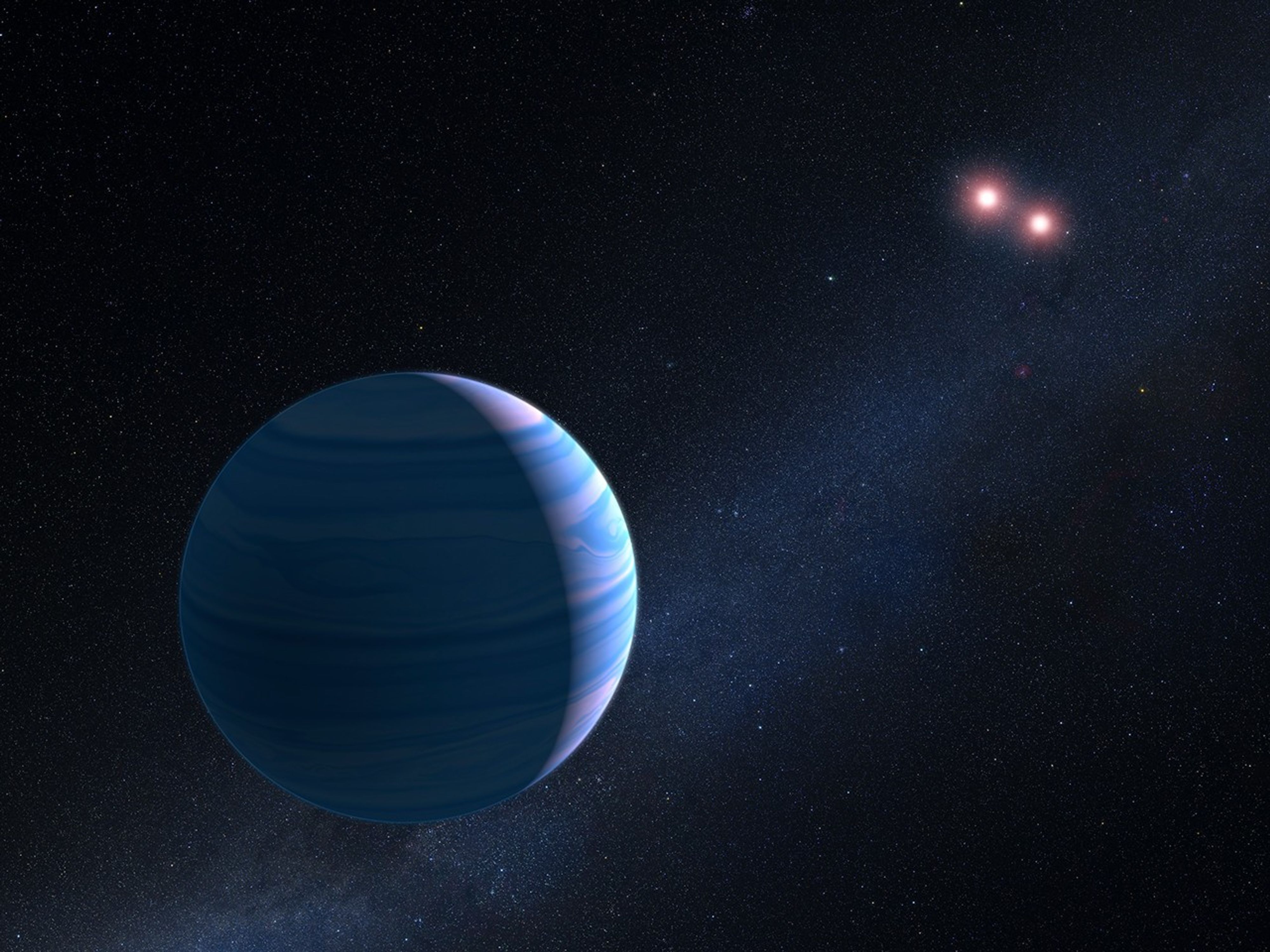 In the foreground in the lower-left is a planet mostly in darkness, while its right side is lit up. It has swirling bands of clouds in various shades of blue and light purple. The background is the backdrop of space, with the galactic disk running from bottom left to top right. In the upper right is a pair of reddish stars, shining like a pair of eyes.