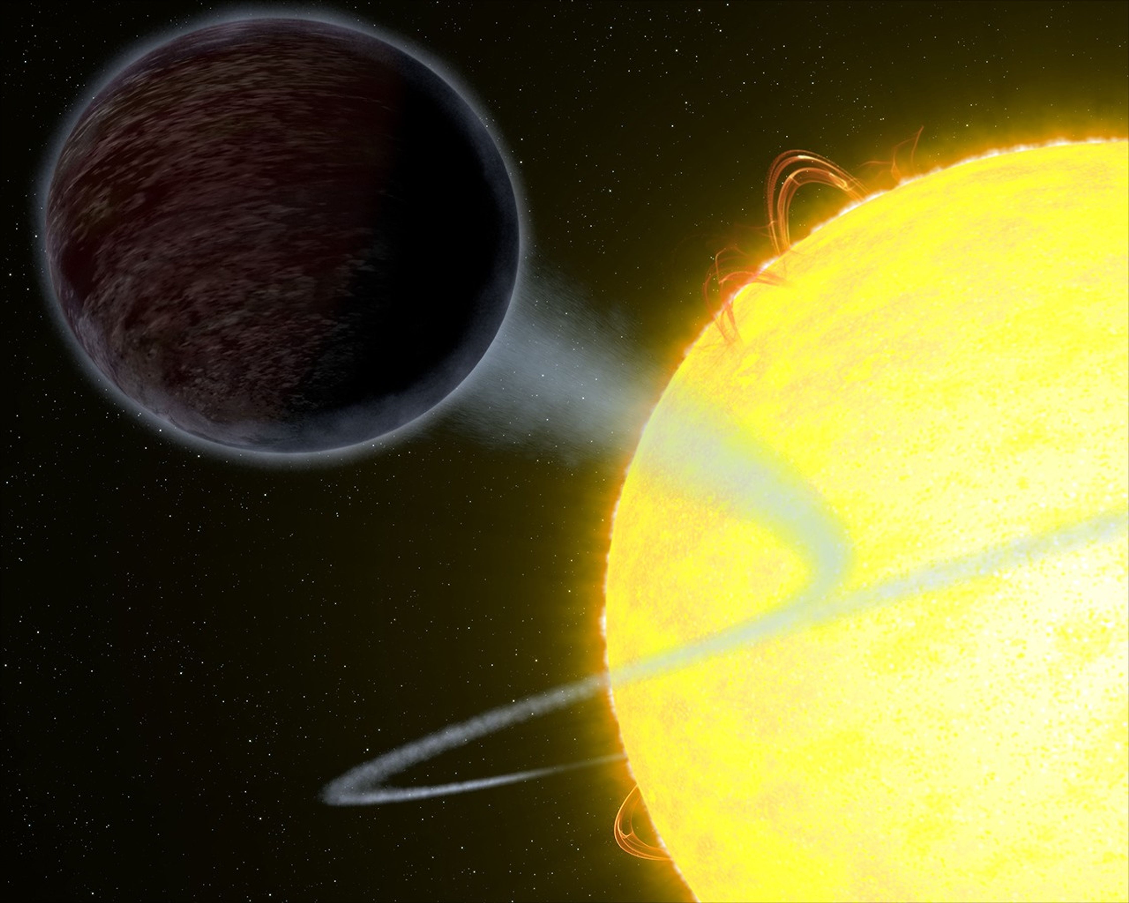 In the upper-left corner in the foreground is a very dark reddish-grayish-brown planet, surrounded at the edges by a gray haze. This haze trails behind the planet and forms a thin ring around its yellow star in the lower-right, which has a few loops of orange flames.