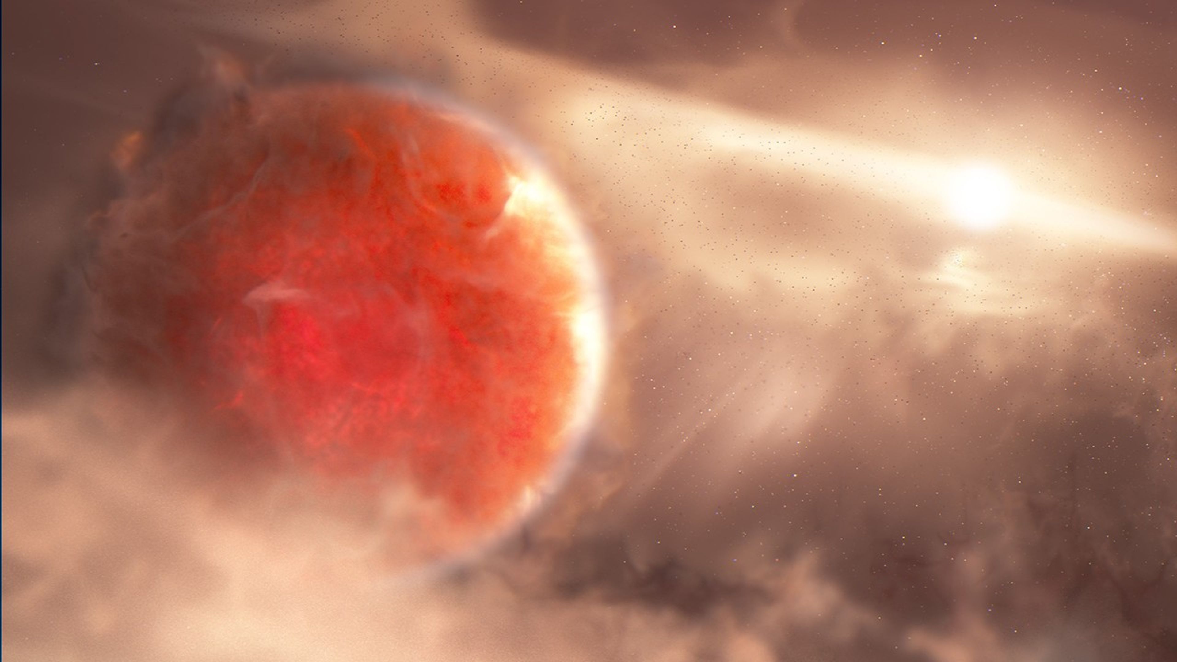 A large red sphere (with splashes of orange and yellow) on the left of the image is surrounded from all directions with light yellowish-brown dust. On the right is the yellow-white sphere of the host star, giving off bright, light-yellow light.