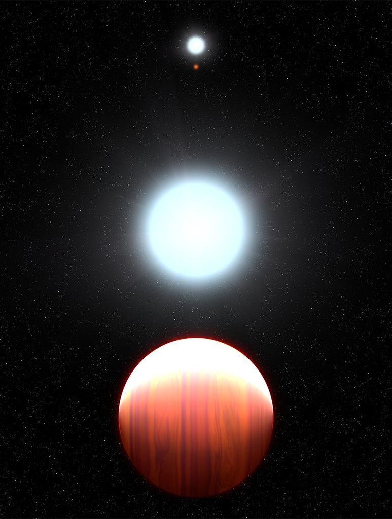 At the bottom-center of the image is a planet on its side, with bands of red and orange clouds running from top to bottom; the top quarter of the planet is fully white due to being in its star's light. In the center of the image is the blue-white star. At the top is another blue-white star, which appears much smaller due to its greater distance, with a small reddish dot of the third star..
