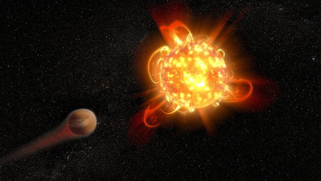Near the center is a reddish-orange star with patches of yellow. The red-orange flares coming off its surface atmosphere form three prominent looping "prongs" on the right, upper left, and lower left, with another c-shaped loop between the two left prongs. In the lower-left of the image is a red-brown-light brown planet leaving a thin gray-and-red trail behind it to the bottom-left.