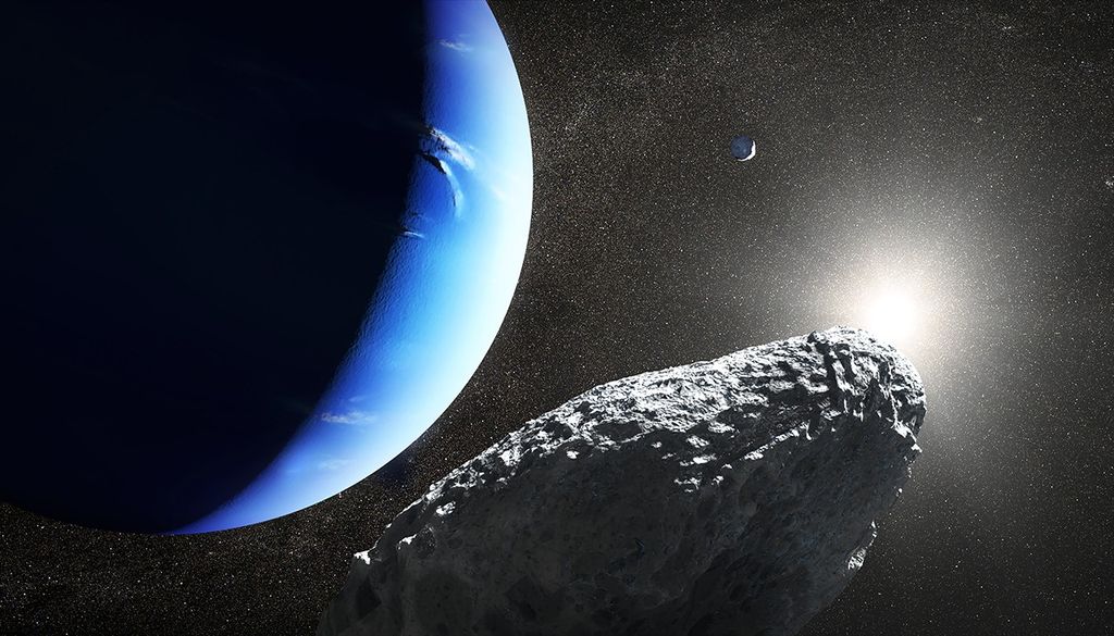 In the foreground at the bottom of the image (partially cut off at the bottom) is a lumpy, crater-filled gray object resembling an asteroid. At the left of the image (cut off on the left and top by the edges) is the blue Neptune, the left side dark and the right side bright from where it faces the Sun. On the right is the glowing white Sun, and above Hippocamp/right of Neptune/above-left of the Sun is a small grayish sphere, another of Neptune's moons in the distance.