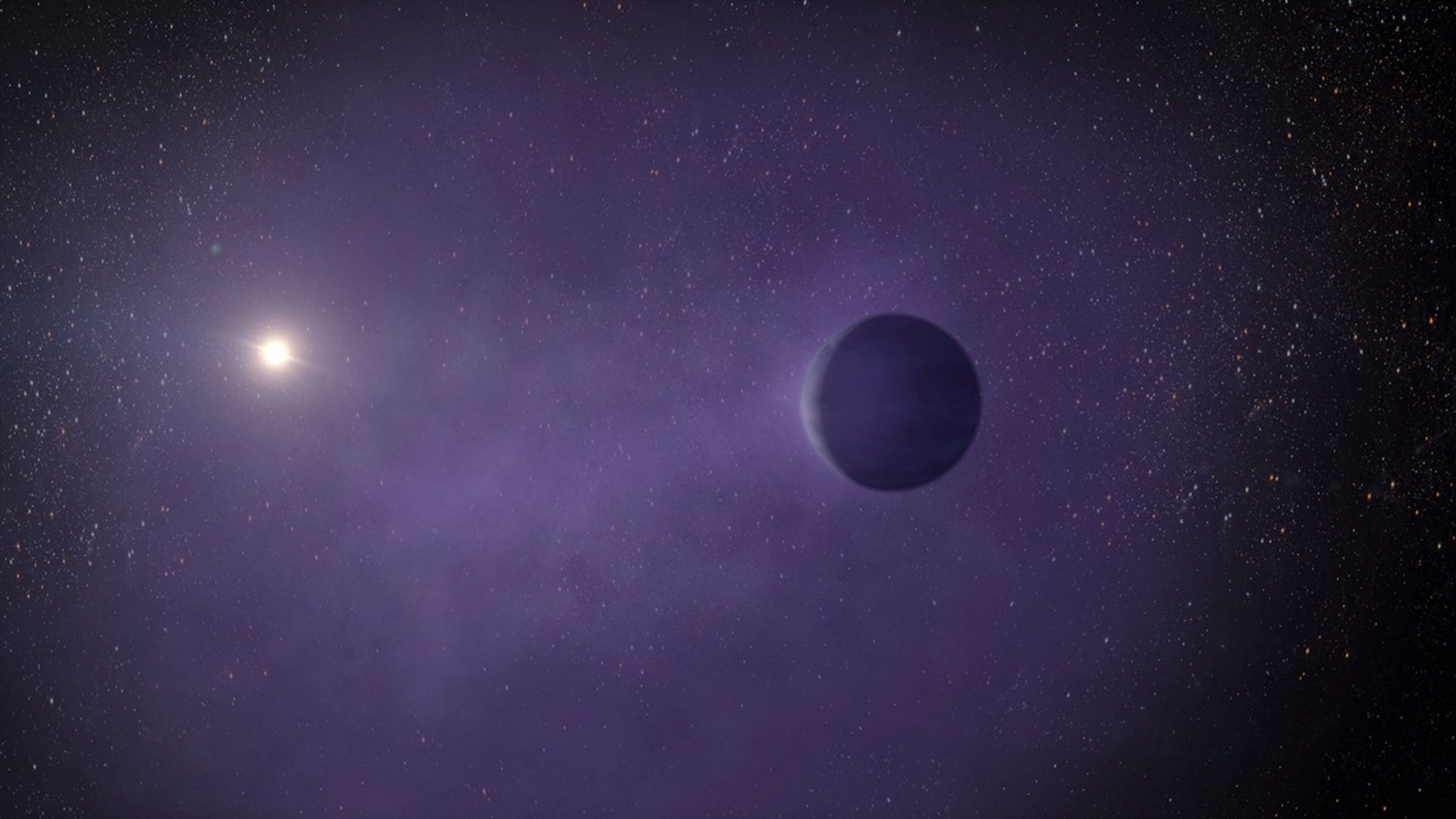 The purple sphere of an exoplanet near the center of the image is surrounded by a purple-and-indigo haze, especially between the planet itself and its yellow-white star on the left of the image. The backdrop is the black-and-violet backdrop of space with countless white dots of stars.