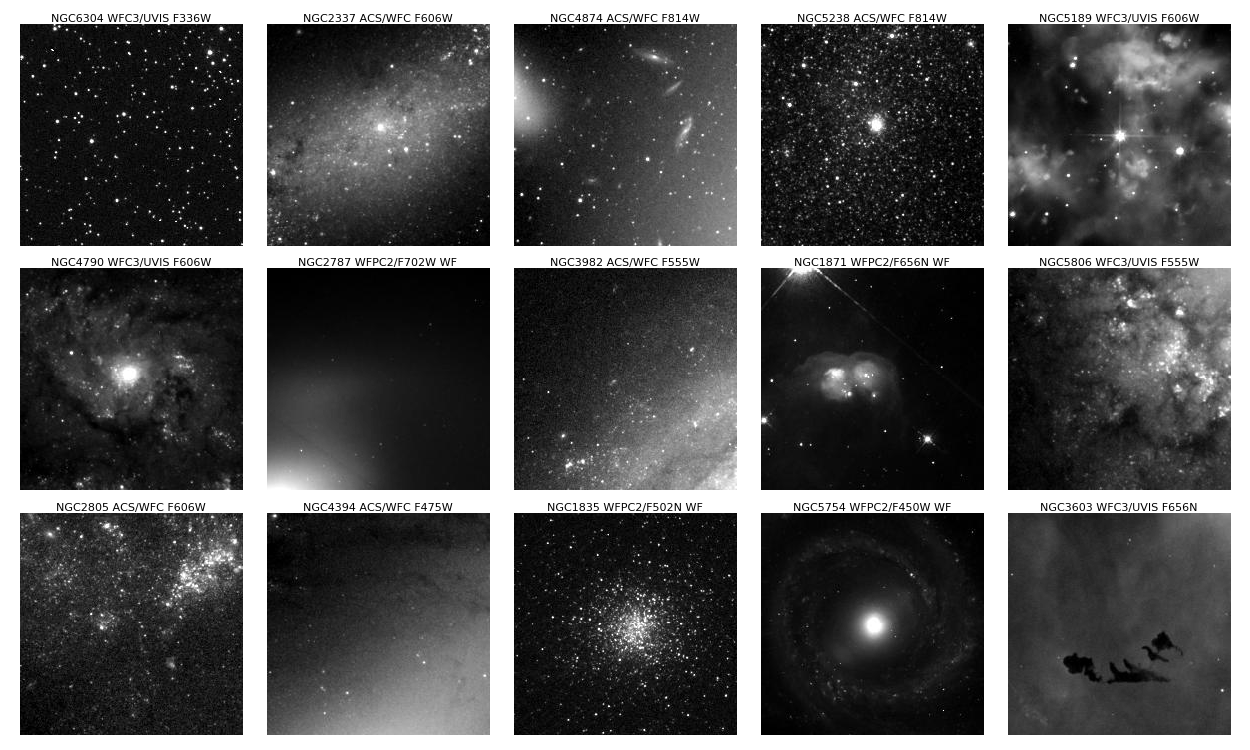 This figure shows a grid of images, with 3 rows and 5 columns, displaying 15 total example cutout images used in the HISP project. Each image is a square showing a nebula, stars, or galaxies in black and white.