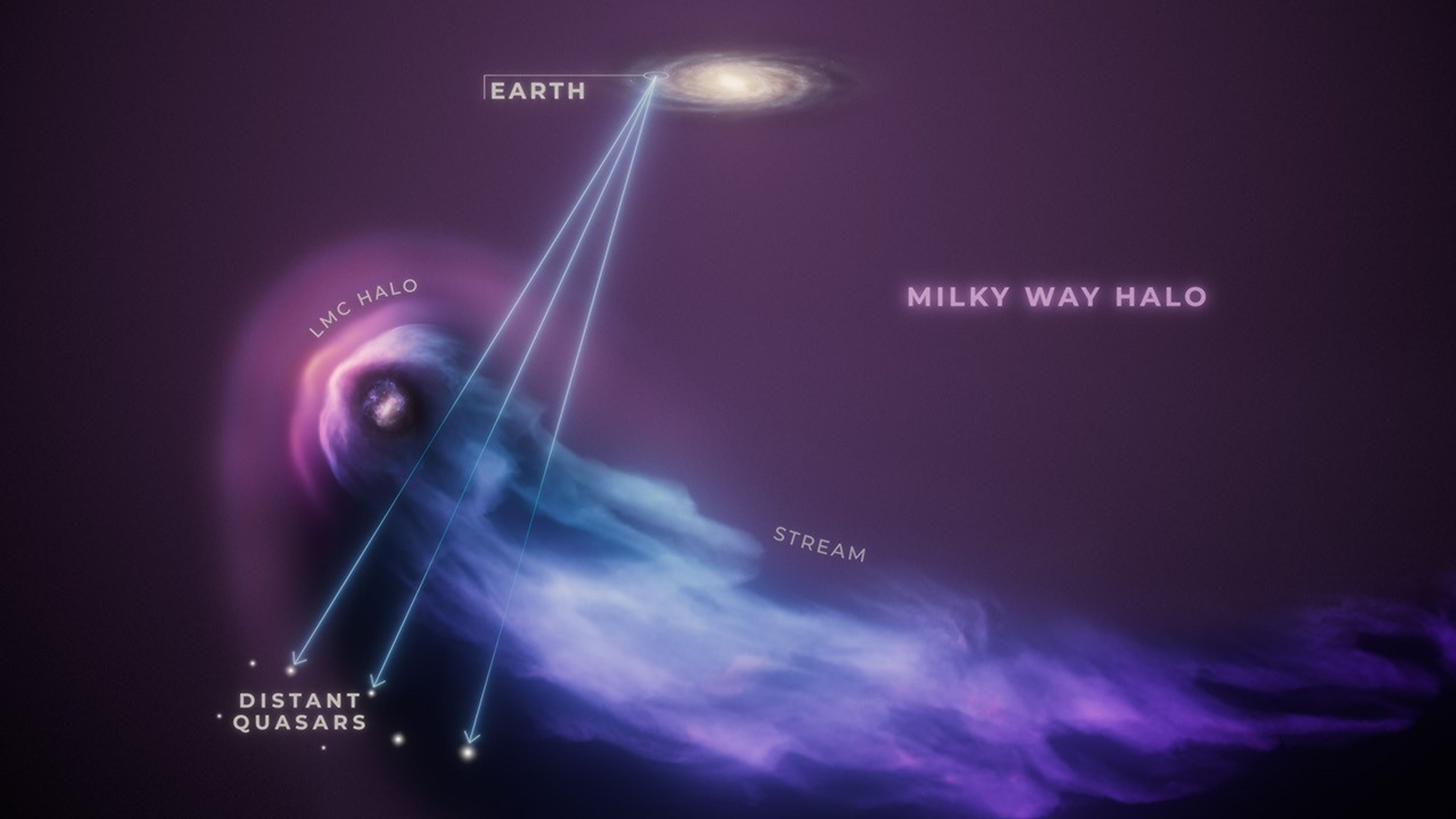 A whitish, whirlpool-like galaxy at middle of top edge, and a tadpole-shaped structure sweeps from left to right across lower half. A label pointing to outer, left of galaxy reads “Earth.” Faint, purple haze labeled “Milky Way Halo” surrounds galaxy and stretches to graphic’s edges.  The tadpole-shaped object is the Large Magellanic Cloud, or LMC, with its own halo and streaming tail. Semi-circular, progressively darker layers of purple labeled “LMC Halo” surround the LMC, which appears roughly circular, with a central, light-yellow bar. Cloud-like features sprinkled with white specks surround this bar. Trailing the LMC is a large, tail-like  feature labeled “Stream.” At the bottom left corner of graphic are several small, bright points of light labeled “Quasars.” Three light blue lines point from the label “Earth” through the LMC’s halo, and to three corresponding quasars. At the bottom, right corner is the label “Artist’s Concept.”