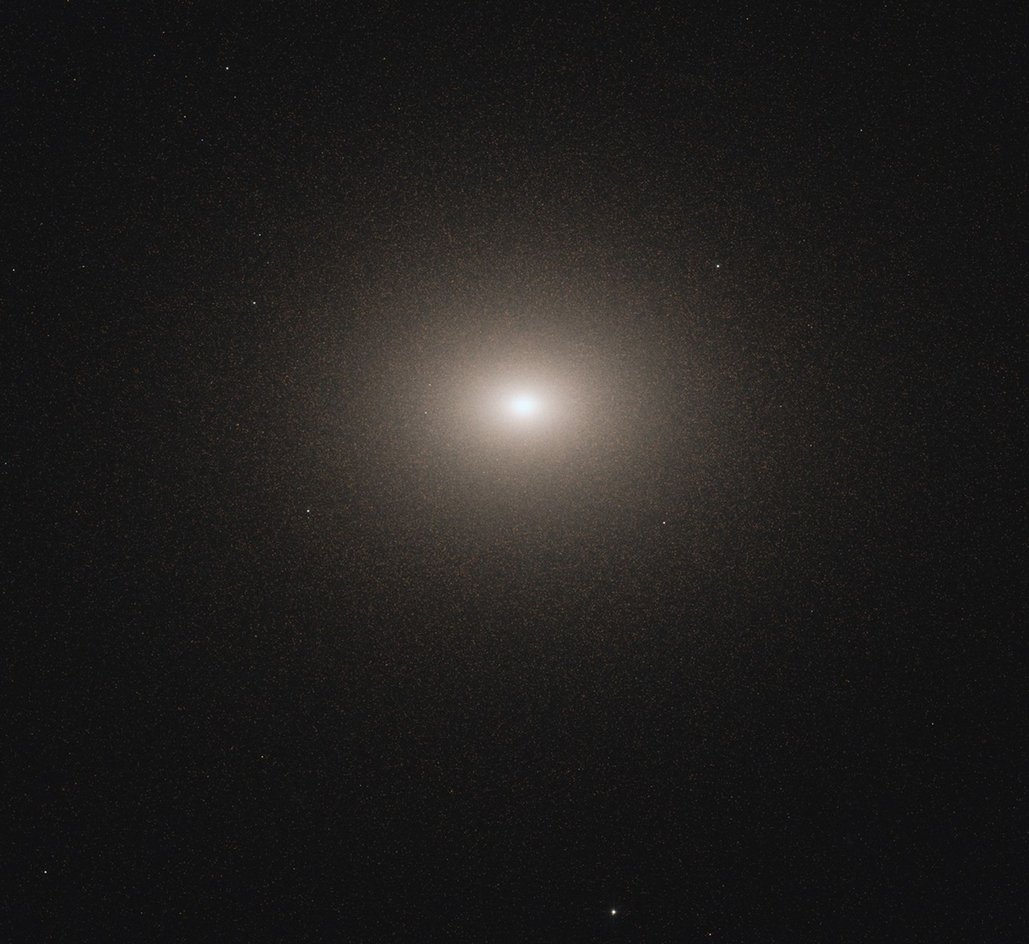 An oval-shaped, dwarf galaxy is centered in the image. Its bright-white core and more diffuse edges sit against a black background.