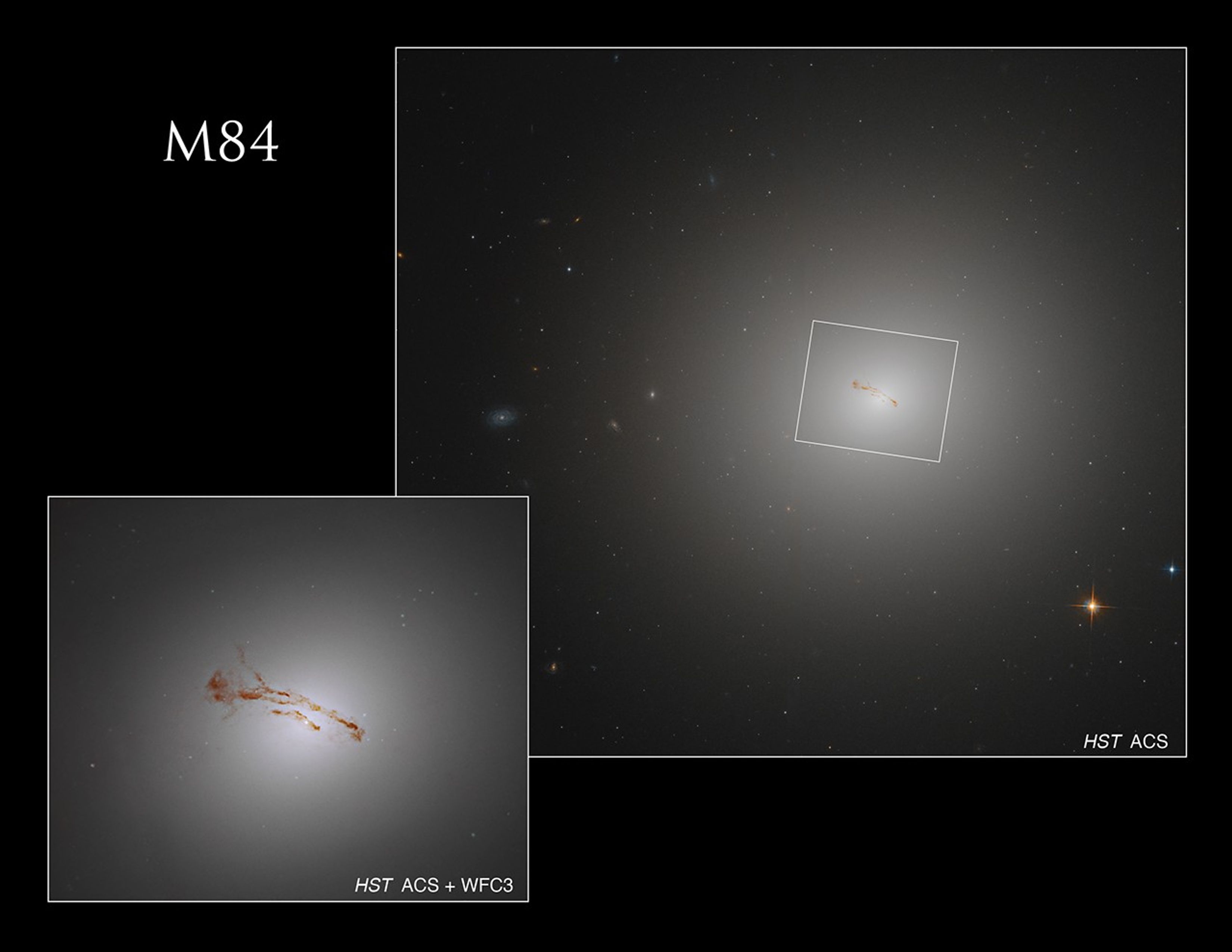 Two views of the elliptical galaxy M84. One larger view fills the upper-right side of the image. The galaxy appears as a bright,-white, hazy ball against a black background. A box around its core indicates the location of another image situated in the lower-left part of the image. That image holds a hazy ball of white light that fills the image frame. The ball is brighter toward the center of the image, becoming more diffuse toward the edges of the image. Bands of rusty-brown dust stretch across the core.